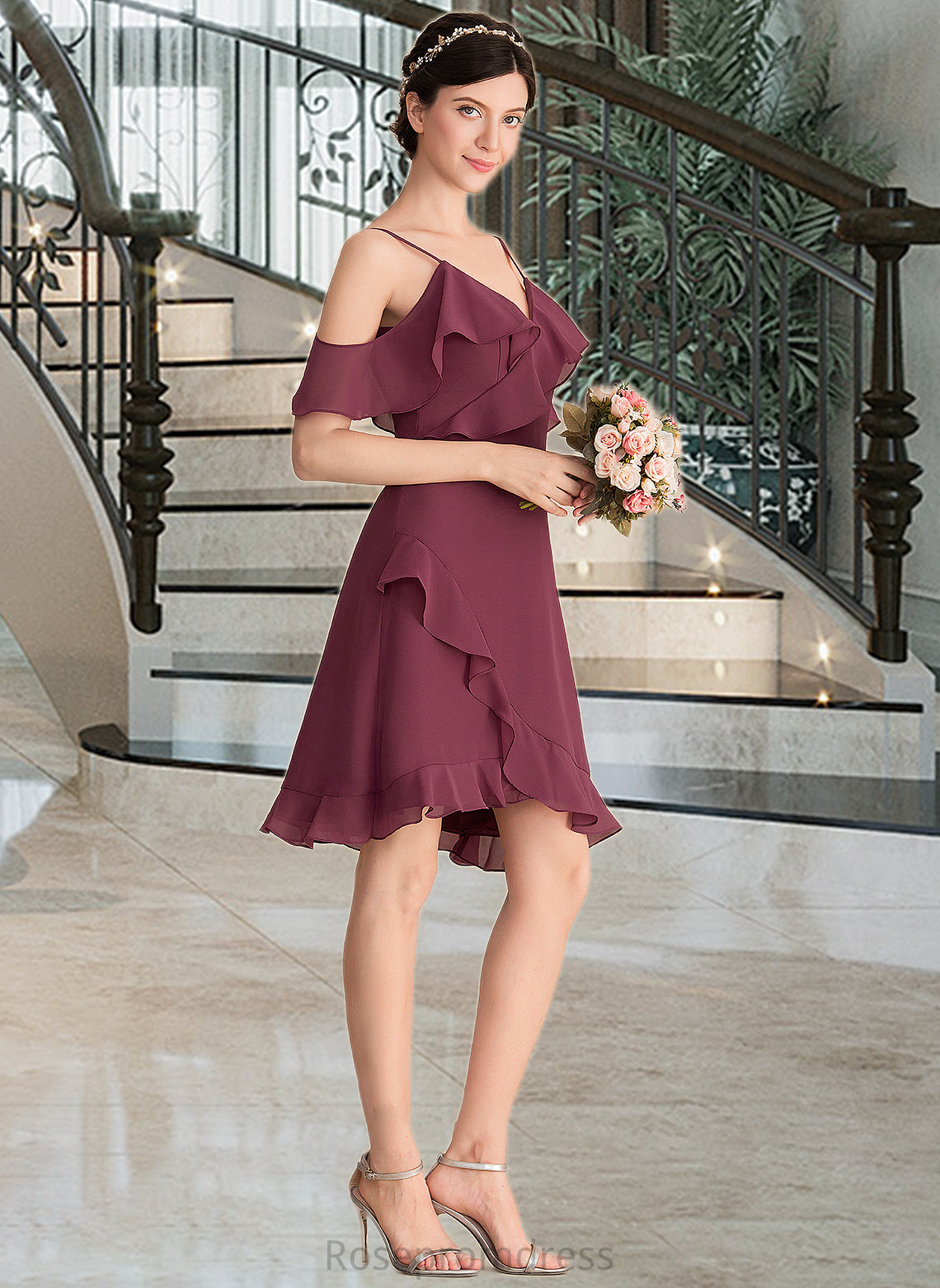 Victoria A-Line V-neck Knee-Length Chiffon Bridesmaid Dress With Cascading Ruffles SRSP0013188