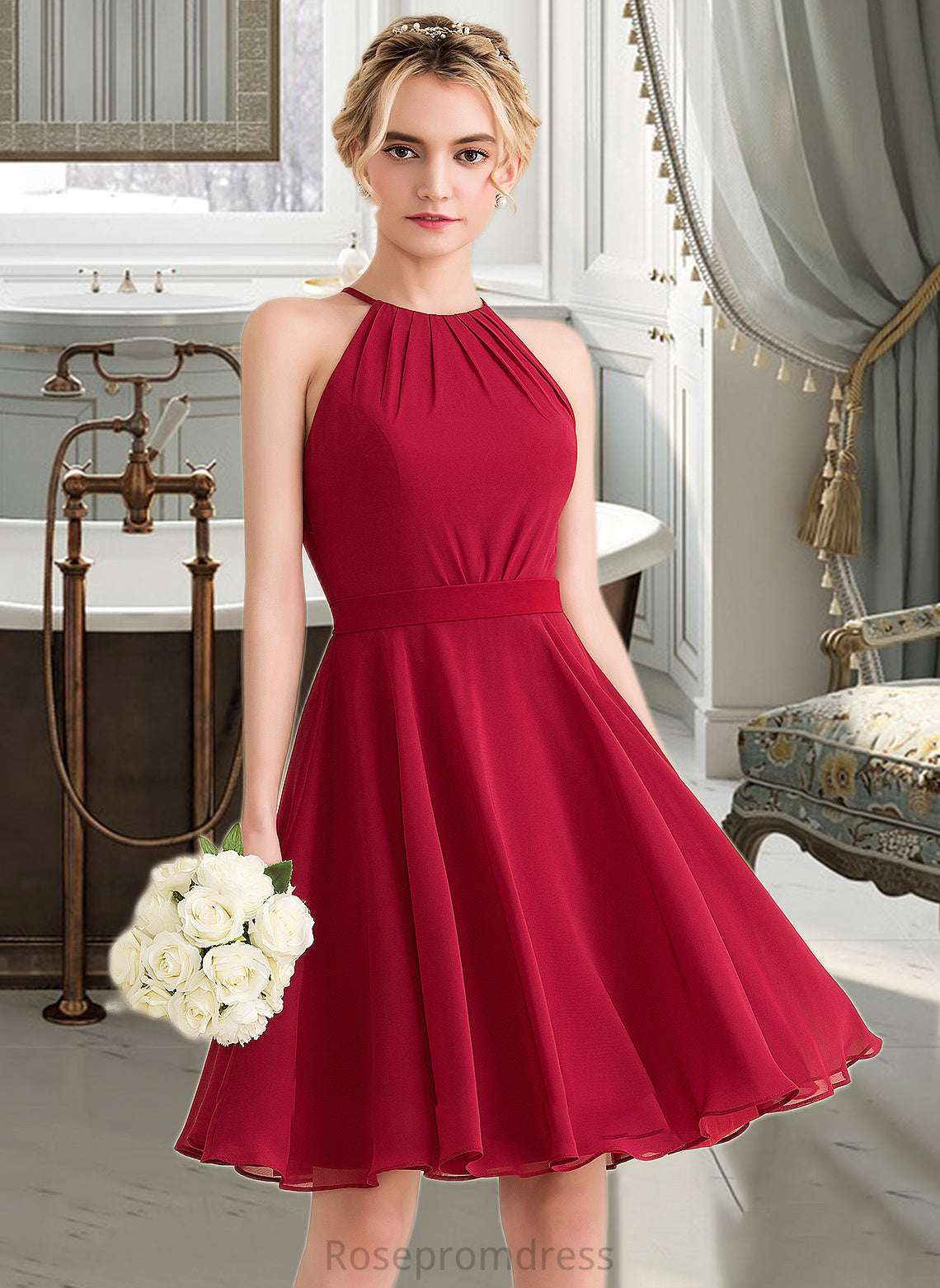 Chanel A-Line Scoop Neck Knee-Length Chiffon Bridesmaid Dress With Ruffle Bow(s) SRSP0013189