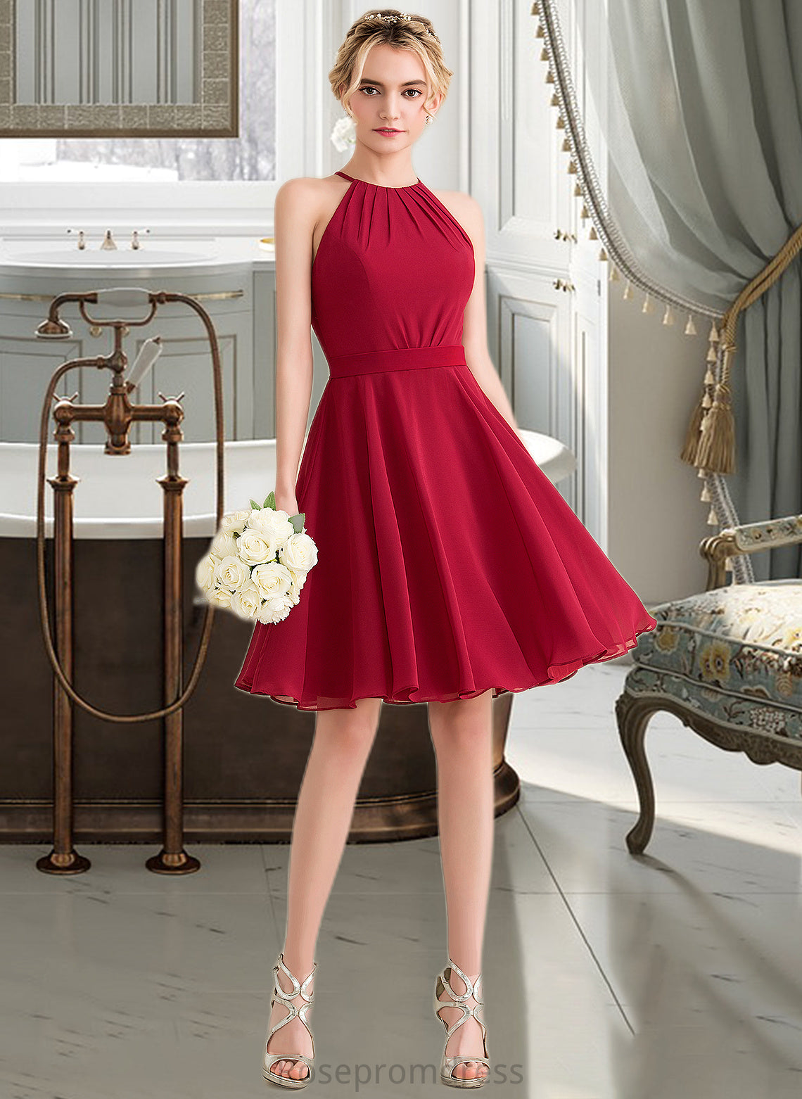 Chanel A-Line Scoop Neck Knee-Length Chiffon Bridesmaid Dress With Ruffle Bow(s) SRSP0013189