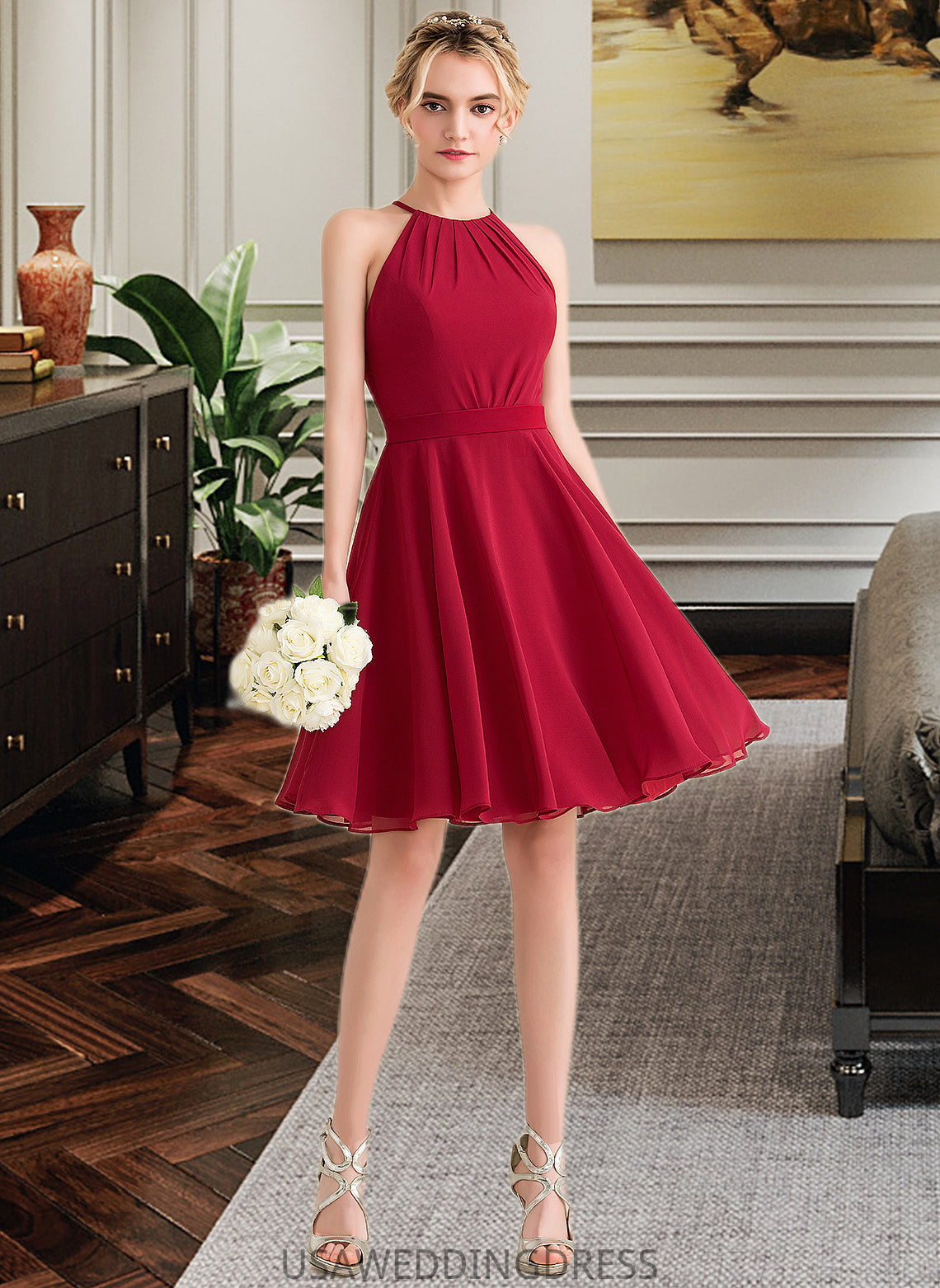 Barbara A-Line Scoop Neck Knee-Length Chiffon Bridesmaid Dress With Ruffle Bow(s) DSP0013189