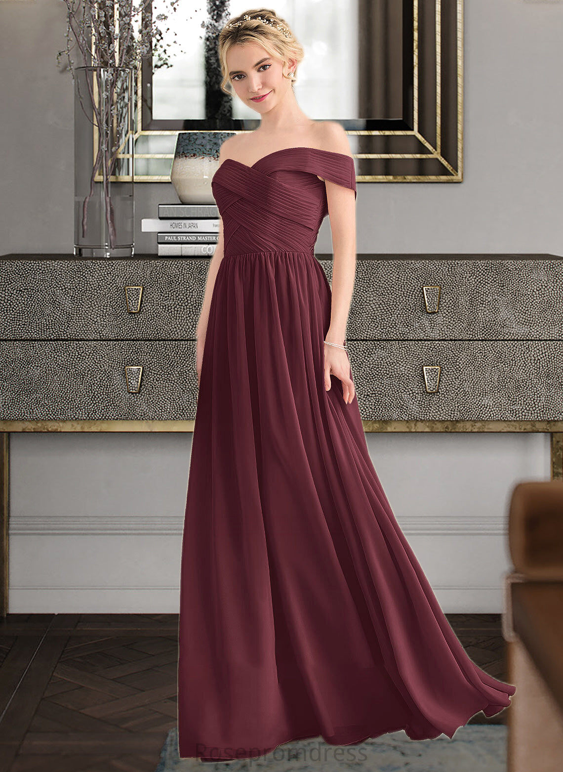 Madyson A-Line Off-the-Shoulder Floor-Length Chiffon Bridesmaid Dress With Ruffle SRSP0013190