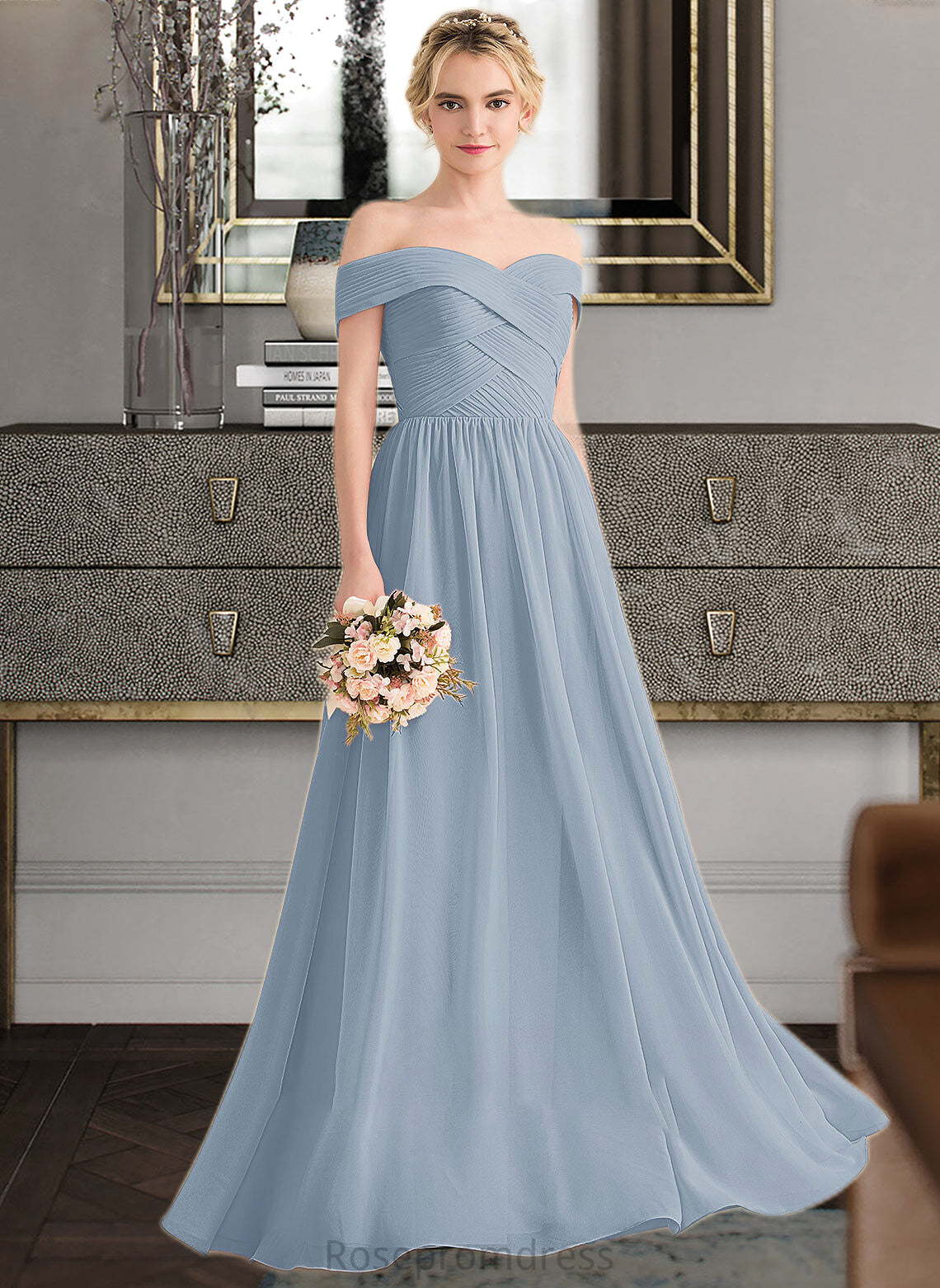 Madyson A-Line Off-the-Shoulder Floor-Length Chiffon Bridesmaid Dress With Ruffle SRSP0013190