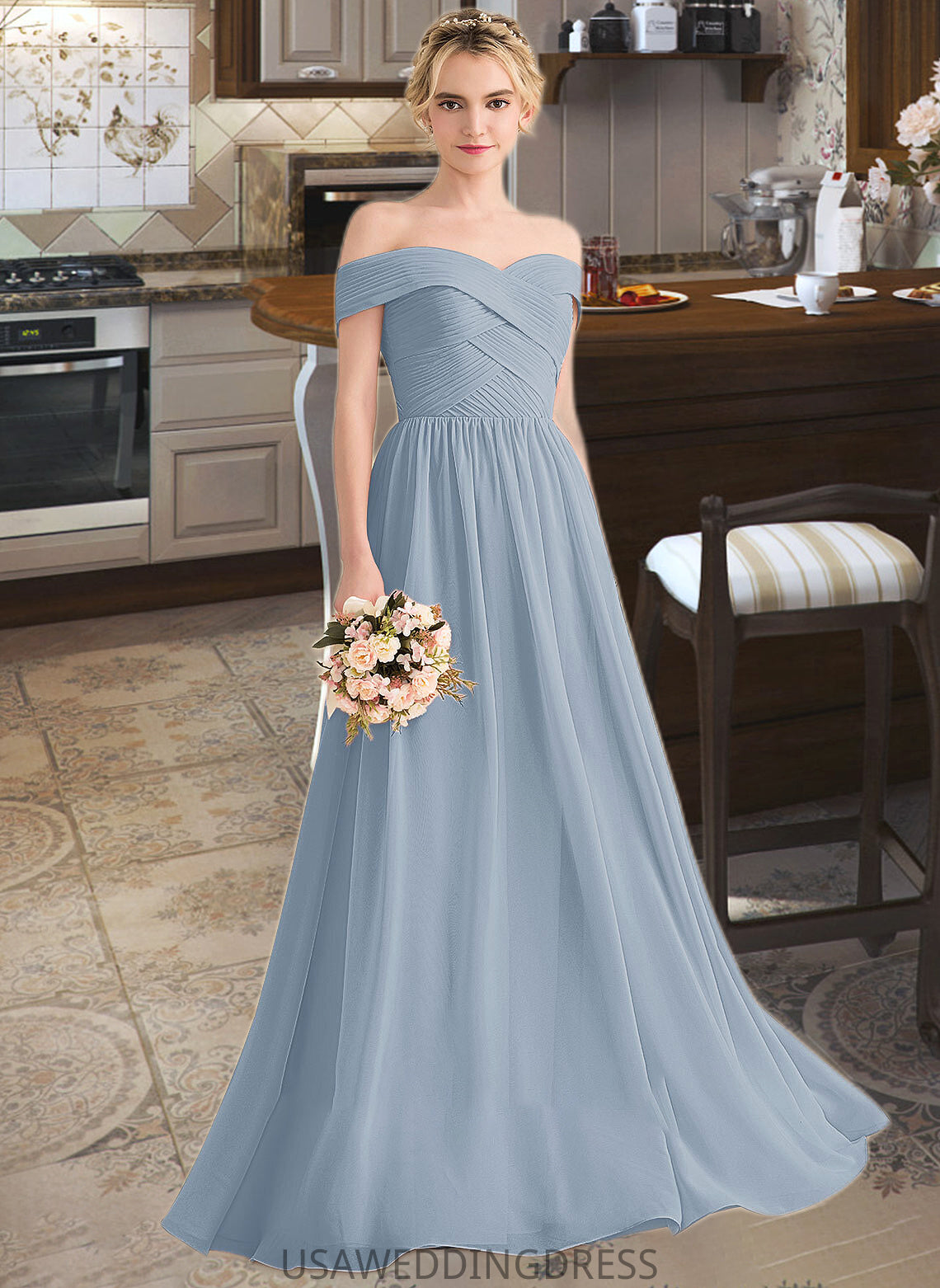 Raina A-Line Off-the-Shoulder Floor-Length Chiffon Bridesmaid Dress With Ruffle DSP0013190