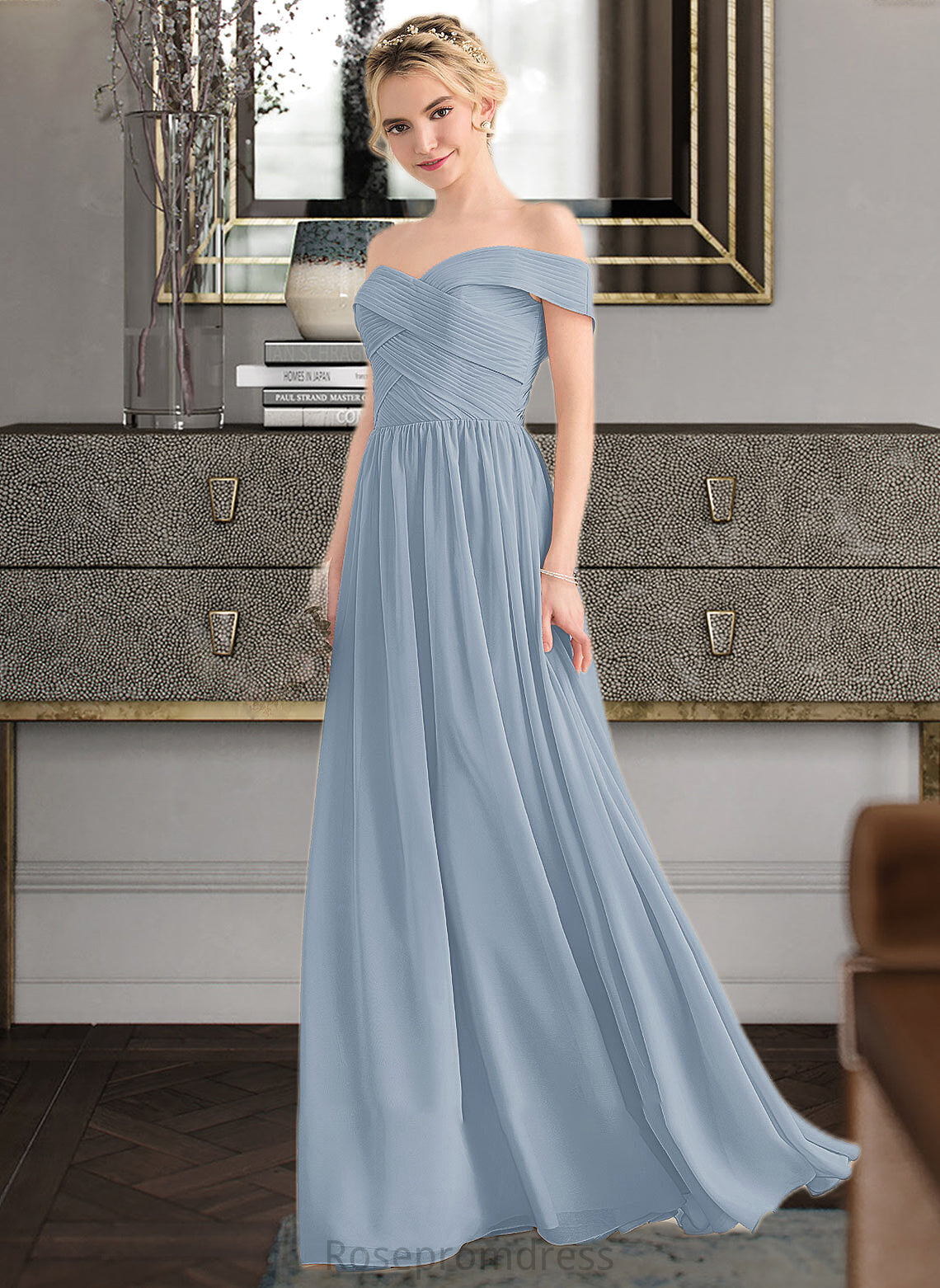 Madyson A-Line Off-the-Shoulder Floor-Length Chiffon Bridesmaid Dress With Ruffle SRSP0013190