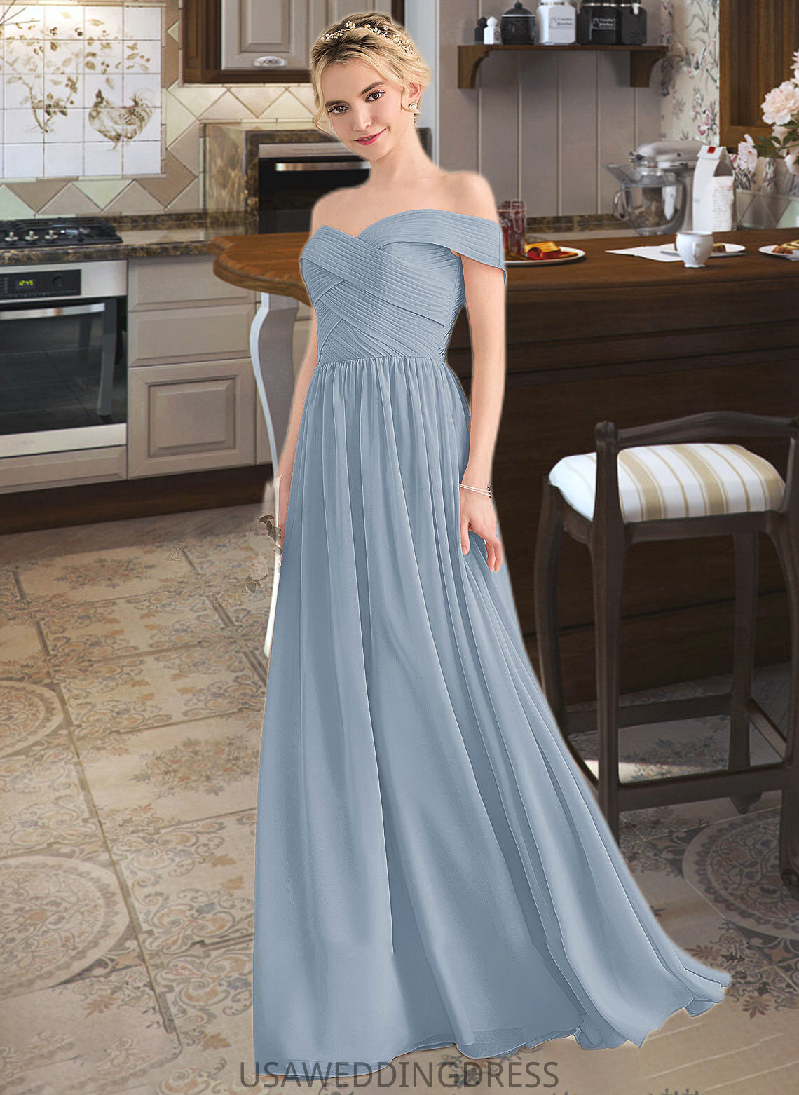 Raina A-Line Off-the-Shoulder Floor-Length Chiffon Bridesmaid Dress With Ruffle DSP0013190