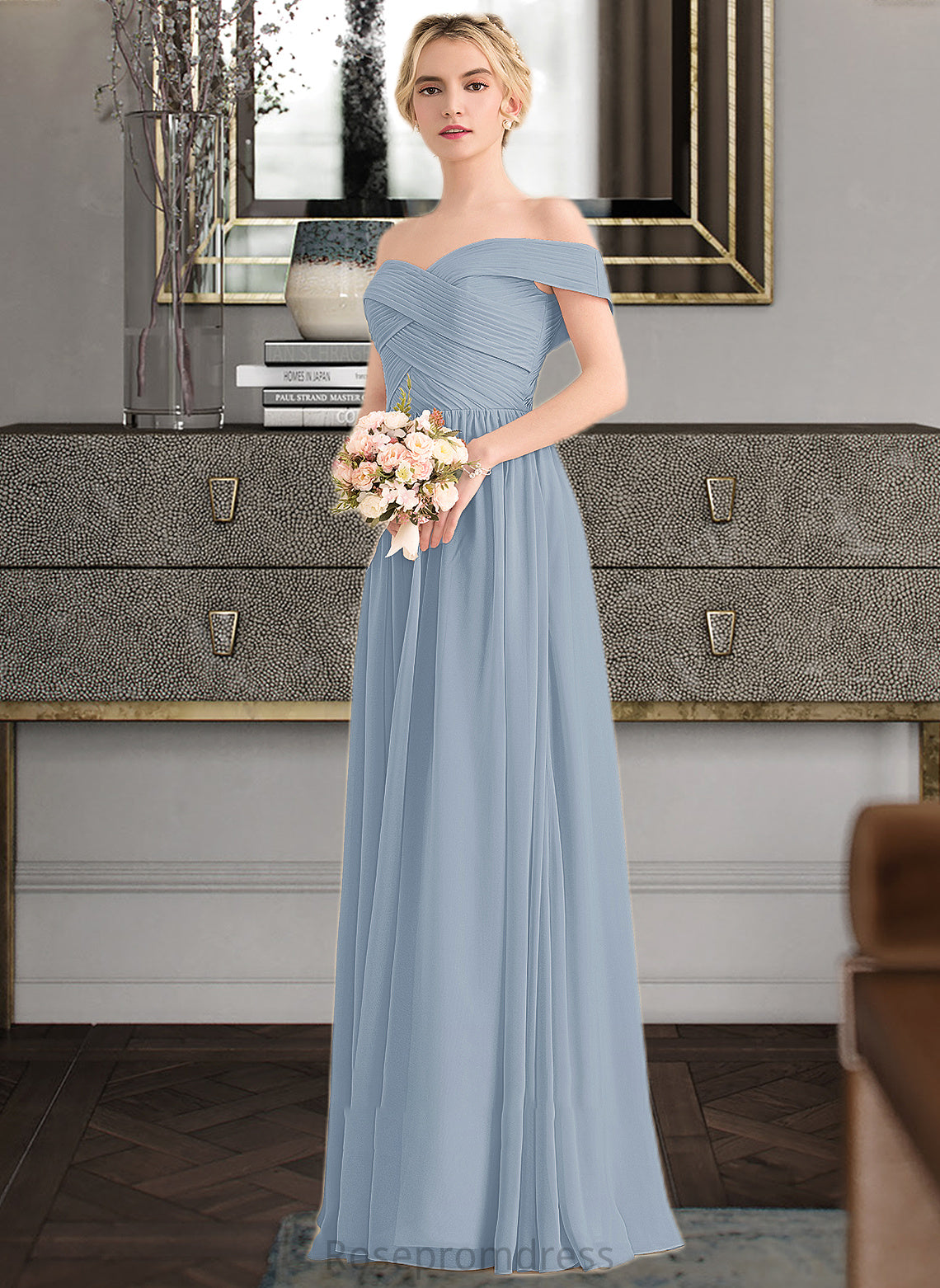 Madyson A-Line Off-the-Shoulder Floor-Length Chiffon Bridesmaid Dress With Ruffle SRSP0013190