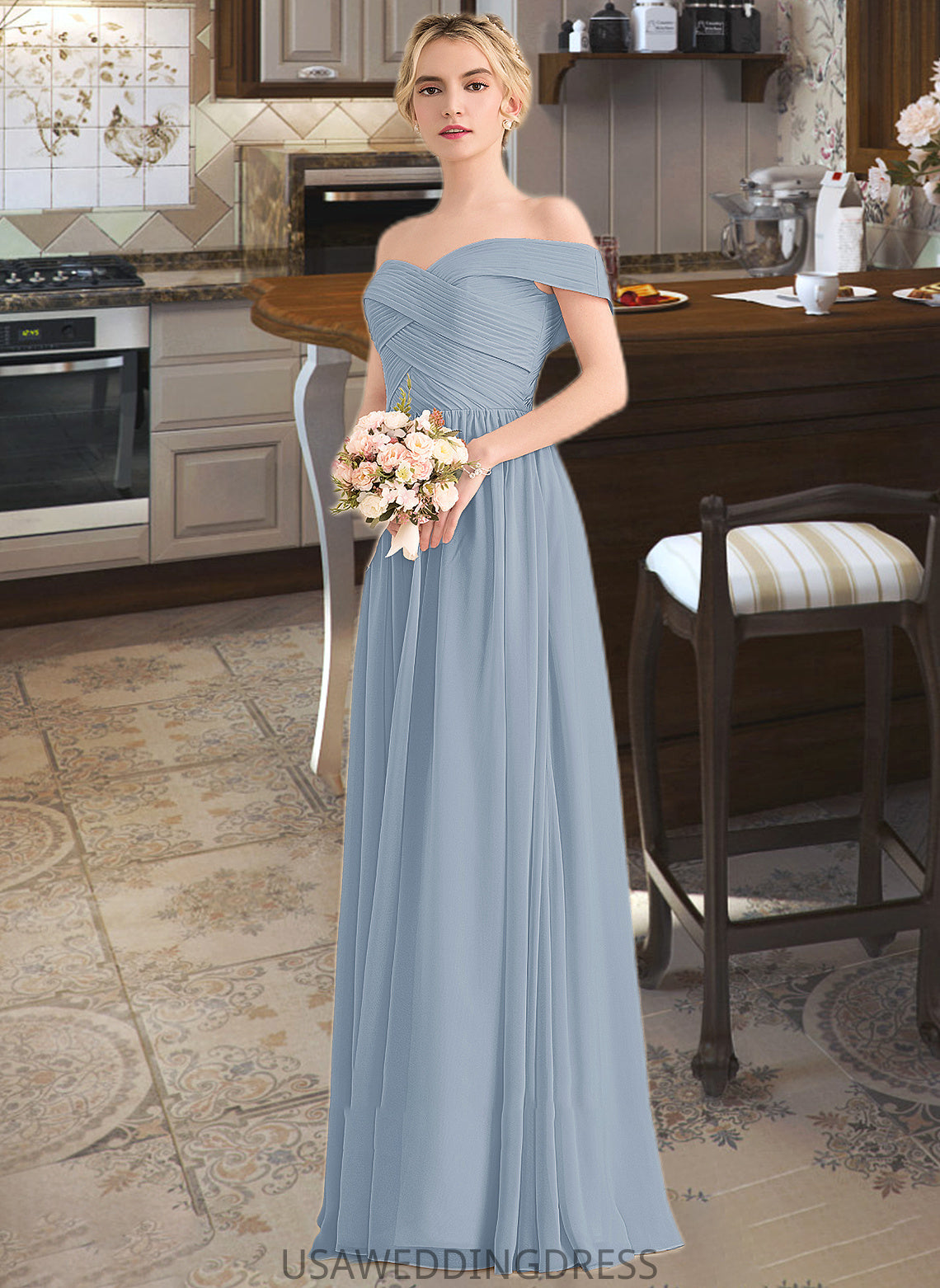 Raina A-Line Off-the-Shoulder Floor-Length Chiffon Bridesmaid Dress With Ruffle DSP0013190