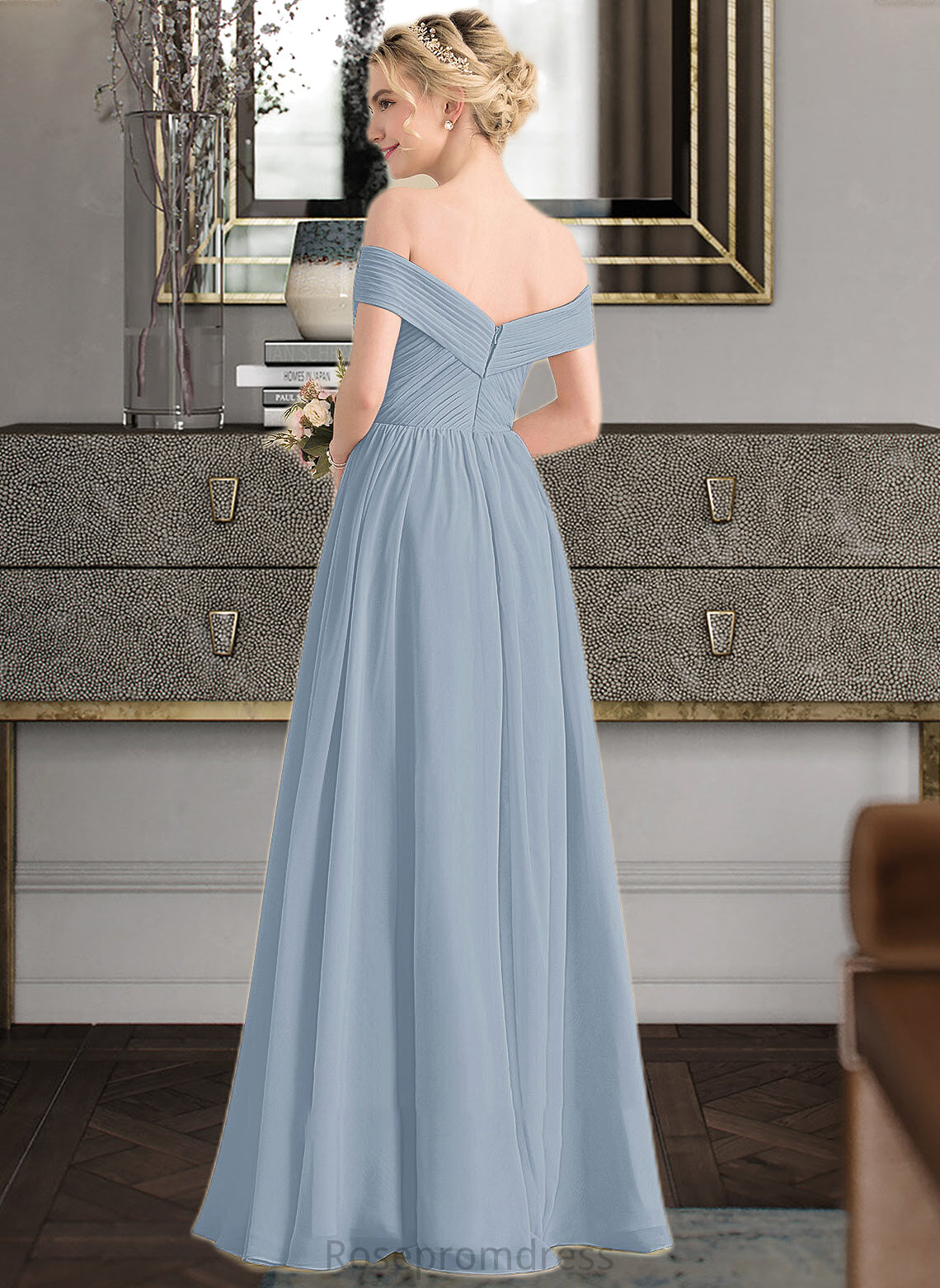 Madyson A-Line Off-the-Shoulder Floor-Length Chiffon Bridesmaid Dress With Ruffle SRSP0013190