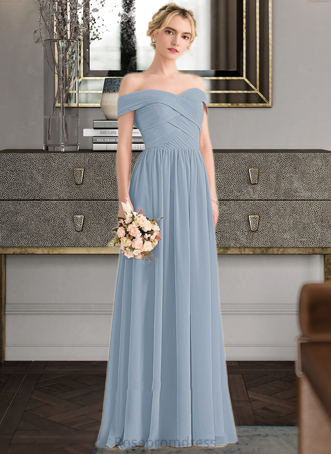 Madyson A-Line Off-the-Shoulder Floor-Length Chiffon Bridesmaid Dress With Ruffle SRSP0013190