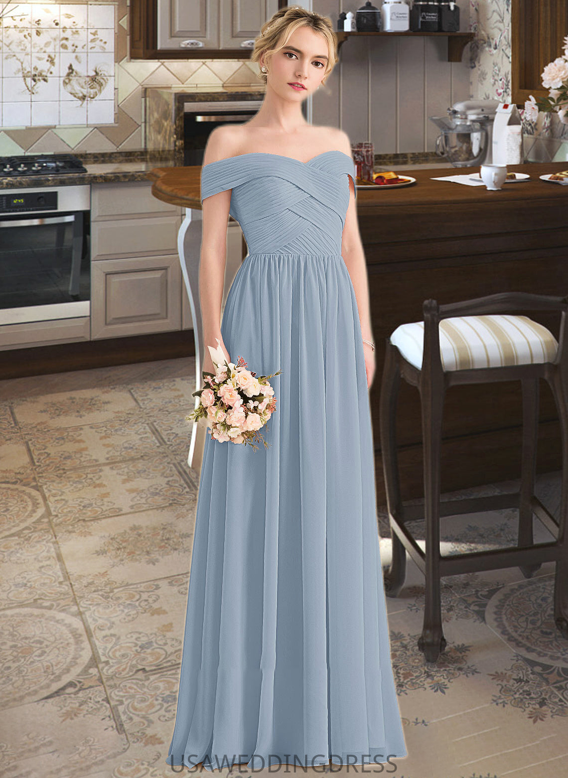 Raina A-Line Off-the-Shoulder Floor-Length Chiffon Bridesmaid Dress With Ruffle DSP0013190