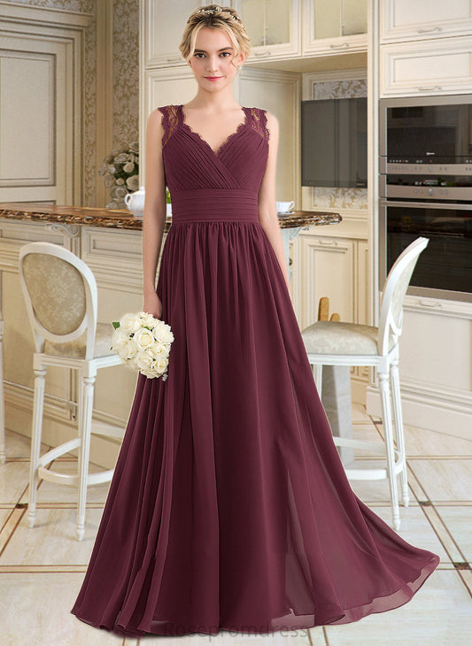 Madyson A-Line V-neck Floor-Length Chiffon Lace Bridesmaid Dress With Ruffle Bow(s) SRSP0013191