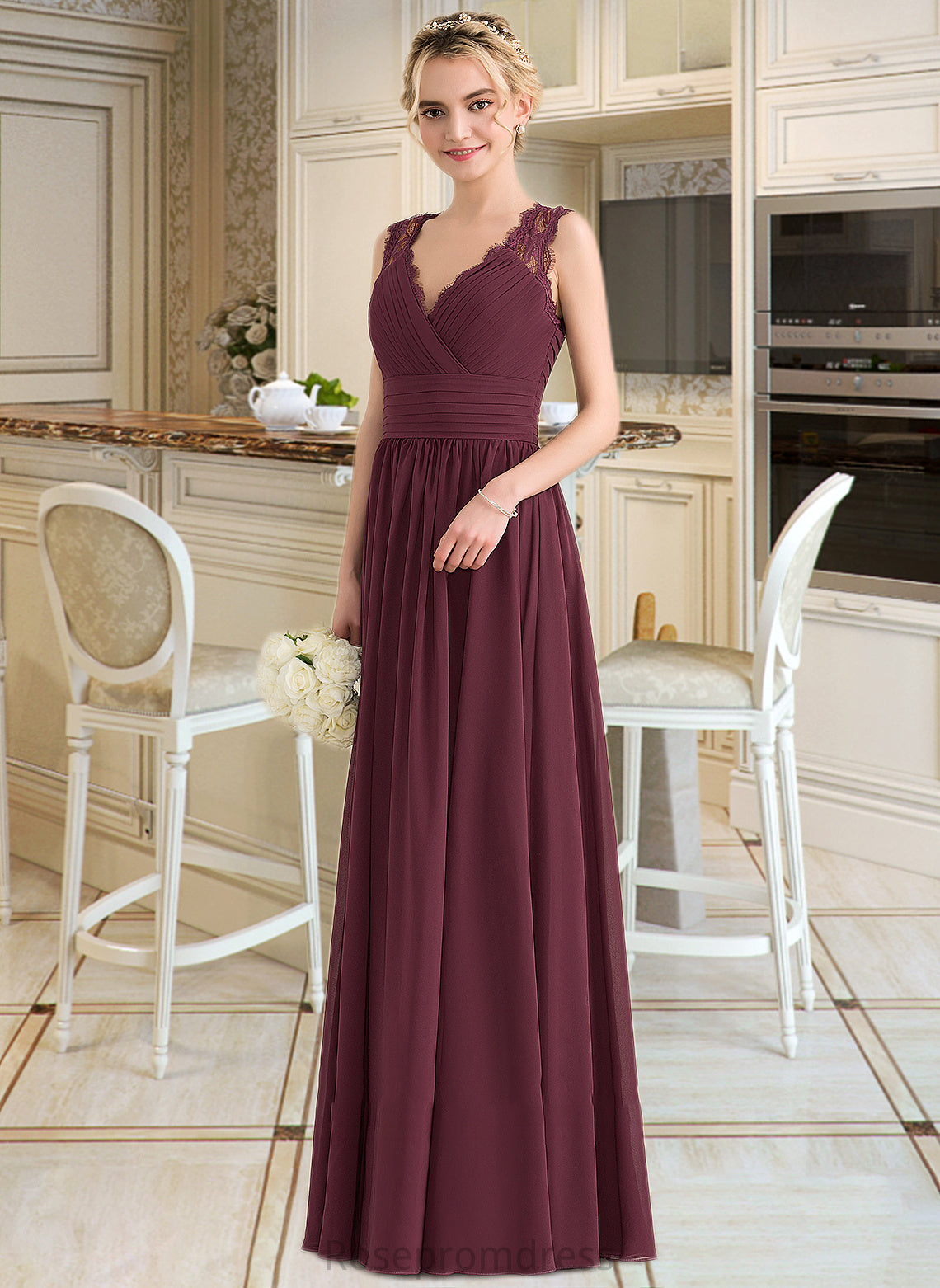 Madyson A-Line V-neck Floor-Length Chiffon Lace Bridesmaid Dress With Ruffle Bow(s) SRSP0013191