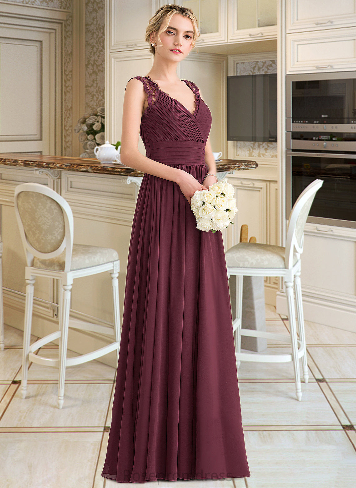Madyson A-Line V-neck Floor-Length Chiffon Lace Bridesmaid Dress With Ruffle Bow(s) SRSP0013191