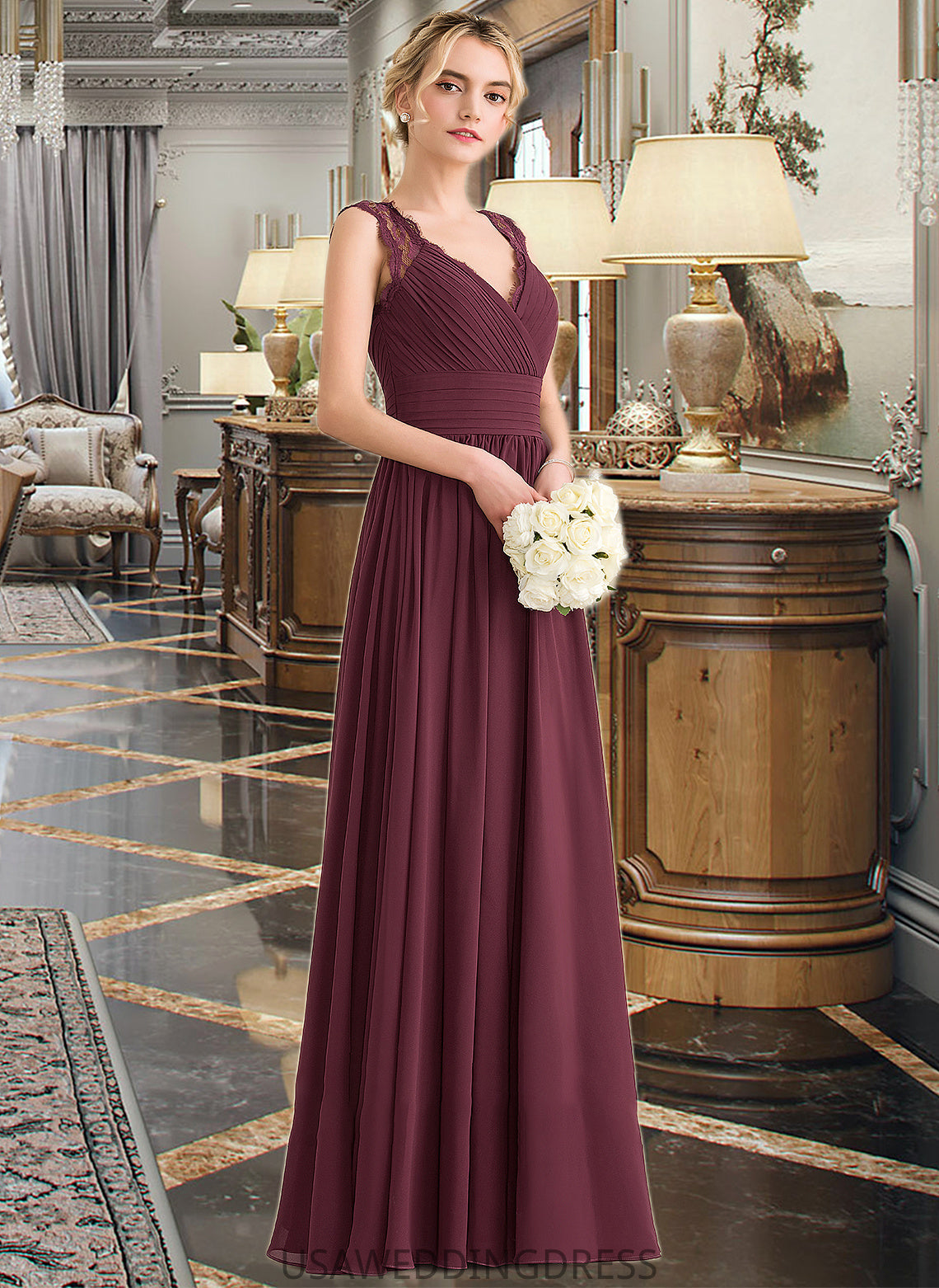 Rosalie A-Line V-neck Floor-Length Chiffon Lace Bridesmaid Dress With Ruffle Bow(s) DSP0013191