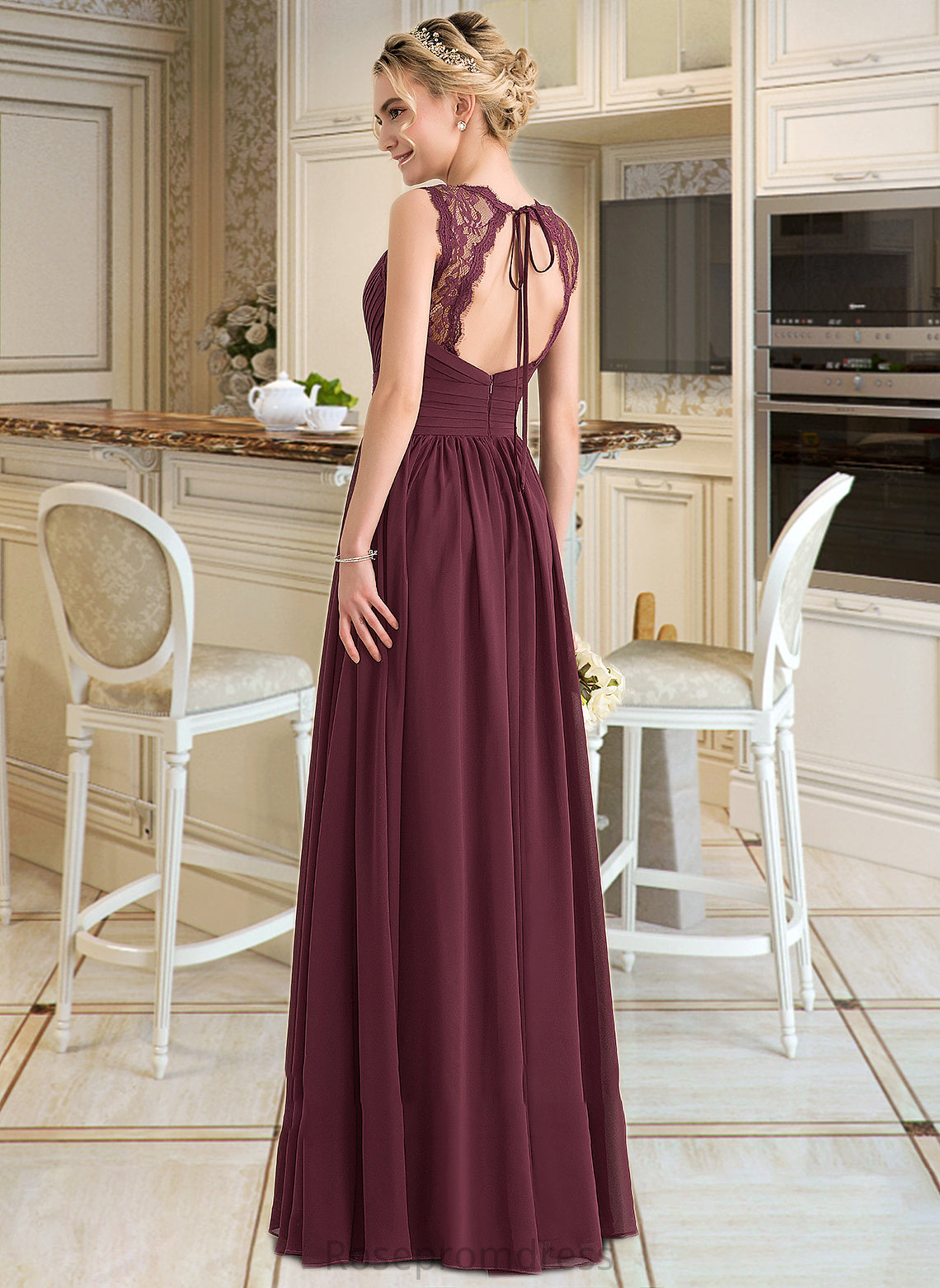 Madyson A-Line V-neck Floor-Length Chiffon Lace Bridesmaid Dress With Ruffle Bow(s) SRSP0013191
