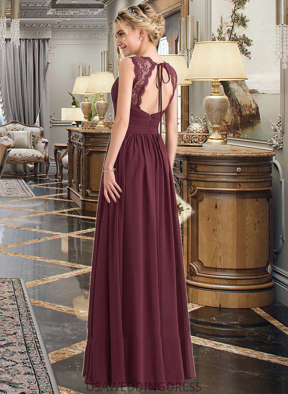 Rosalie A-Line V-neck Floor-Length Chiffon Lace Bridesmaid Dress With Ruffle Bow(s) DSP0013191