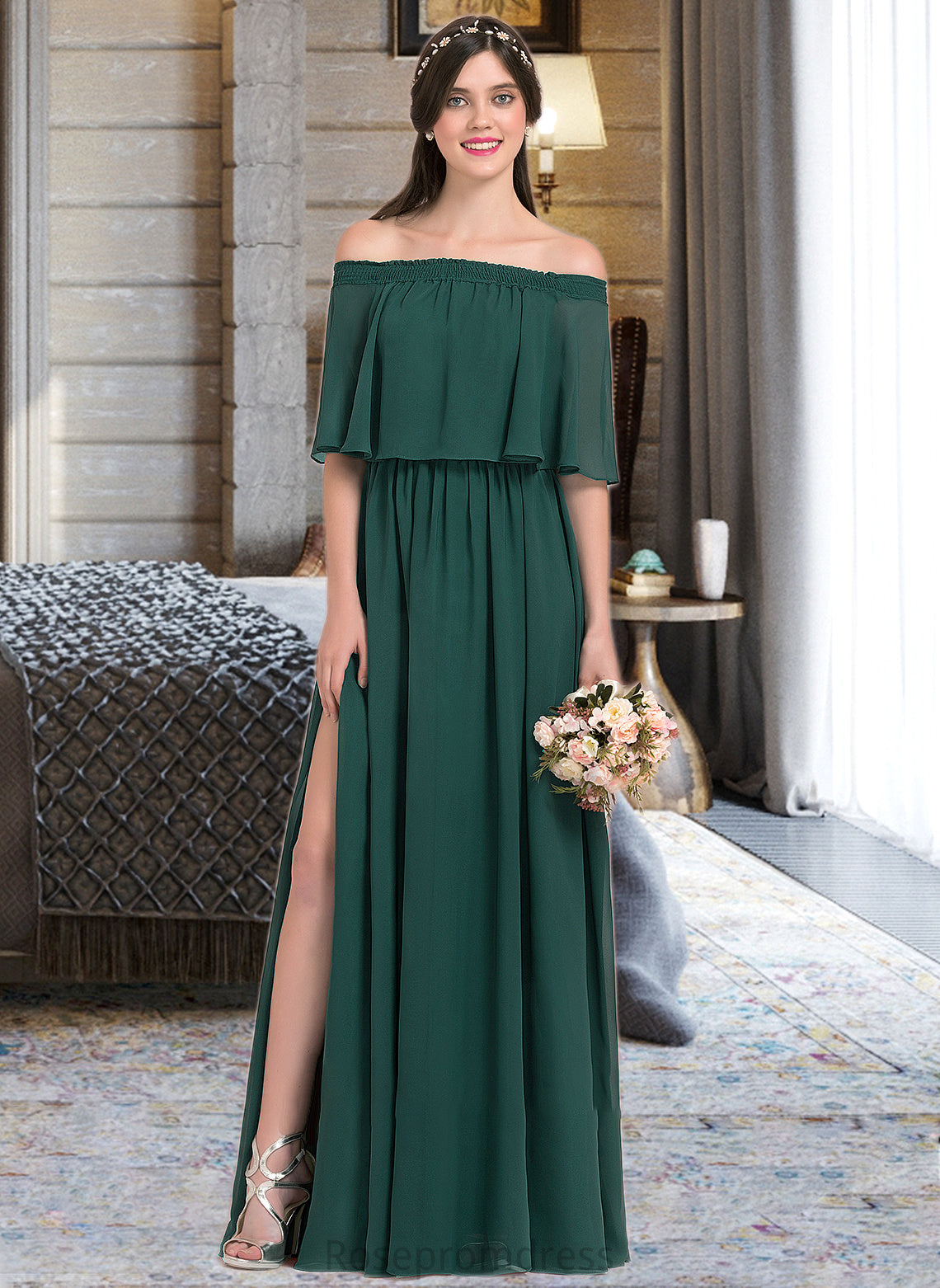 Brooke A-Line Off-the-Shoulder Floor-Length Chiffon Bridesmaid Dress With Split Front SRSP0013192