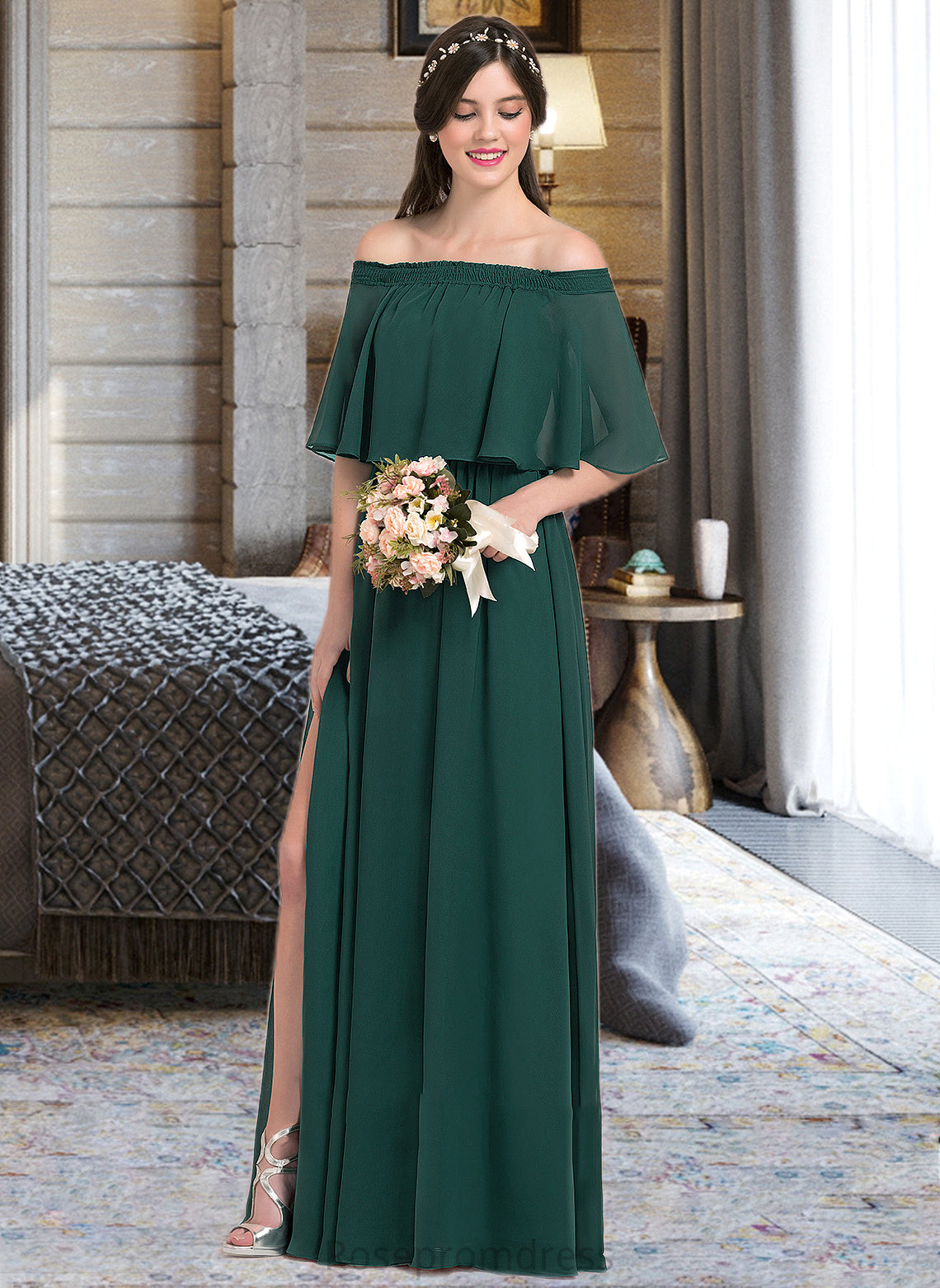 Brooke A-Line Off-the-Shoulder Floor-Length Chiffon Bridesmaid Dress With Split Front SRSP0013192