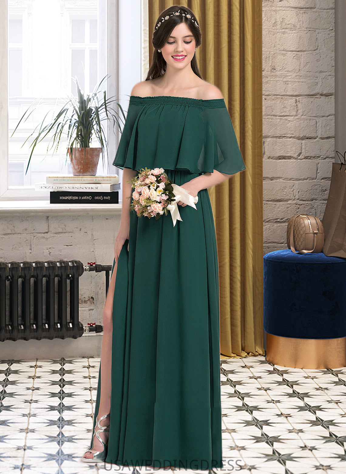 Savanah A-Line Off-the-Shoulder Floor-Length Chiffon Bridesmaid Dress With Split Front DSP0013192