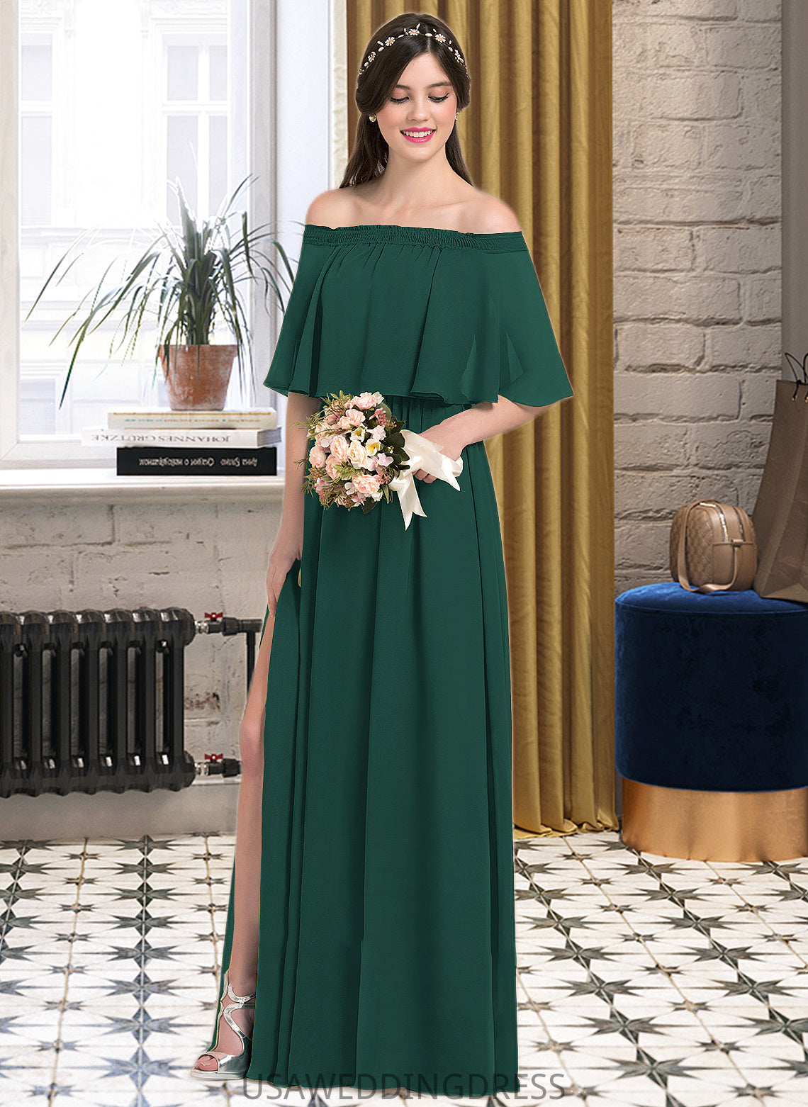 Savanah A-Line Off-the-Shoulder Floor-Length Chiffon Bridesmaid Dress With Split Front DSP0013192