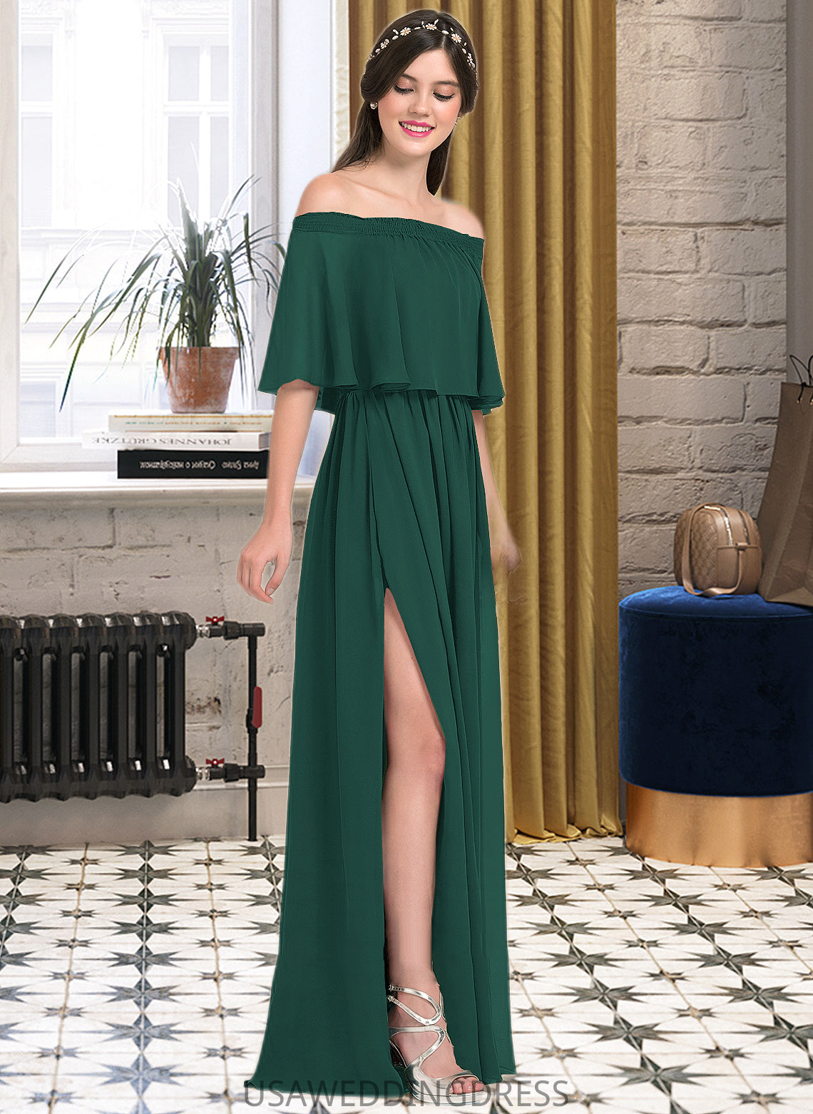 Savanah A-Line Off-the-Shoulder Floor-Length Chiffon Bridesmaid Dress With Split Front DSP0013192