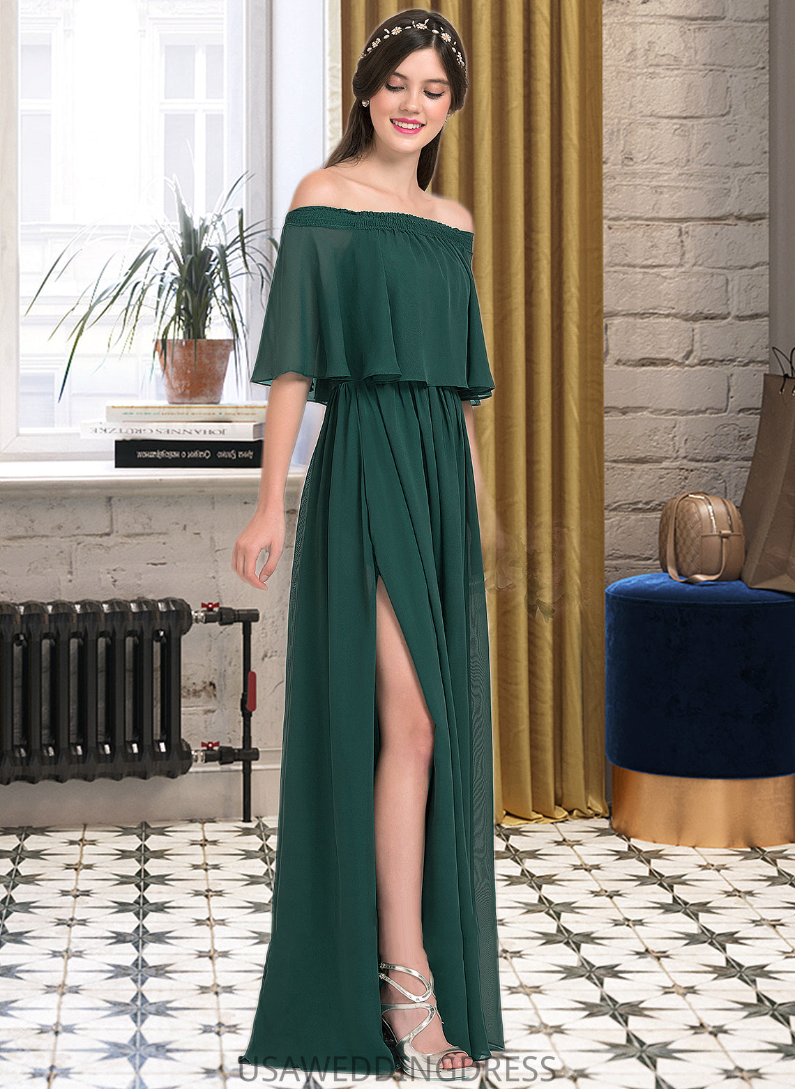 Savanah A-Line Off-the-Shoulder Floor-Length Chiffon Bridesmaid Dress With Split Front DSP0013192