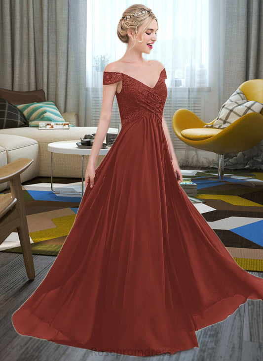 Isabell A-Line Off-the-Shoulder Floor-Length Chiffon Lace Bridesmaid Dress With Ruffle SRSP0013193