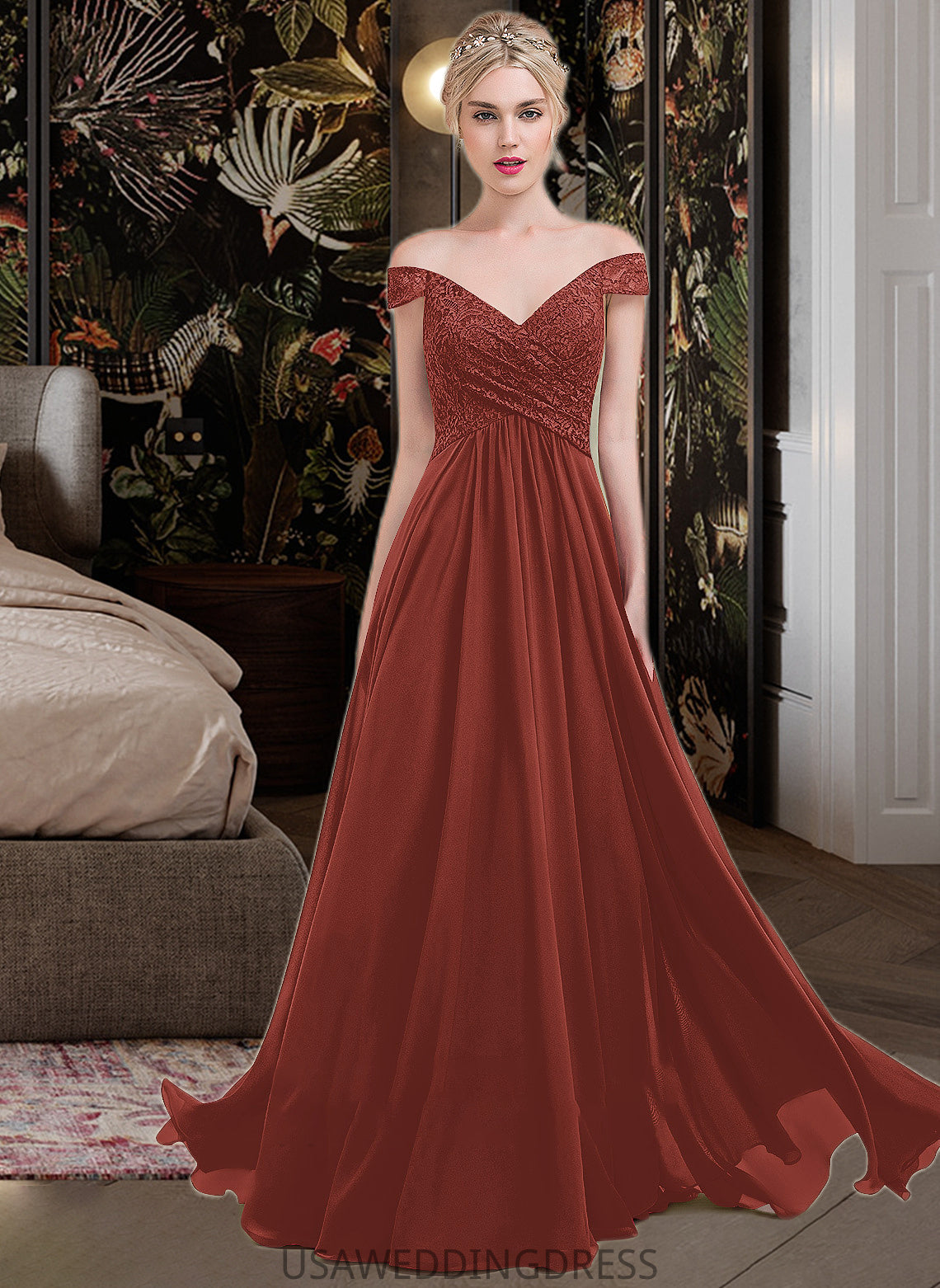 Emilee A-Line Off-the-Shoulder Floor-Length Chiffon Lace Bridesmaid Dress With Ruffle DSP0013193