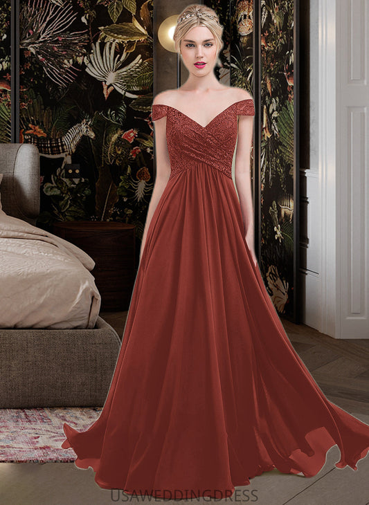 Emilee A-Line Off-the-Shoulder Floor-Length Chiffon Lace Bridesmaid Dress With Ruffle DSP0013193