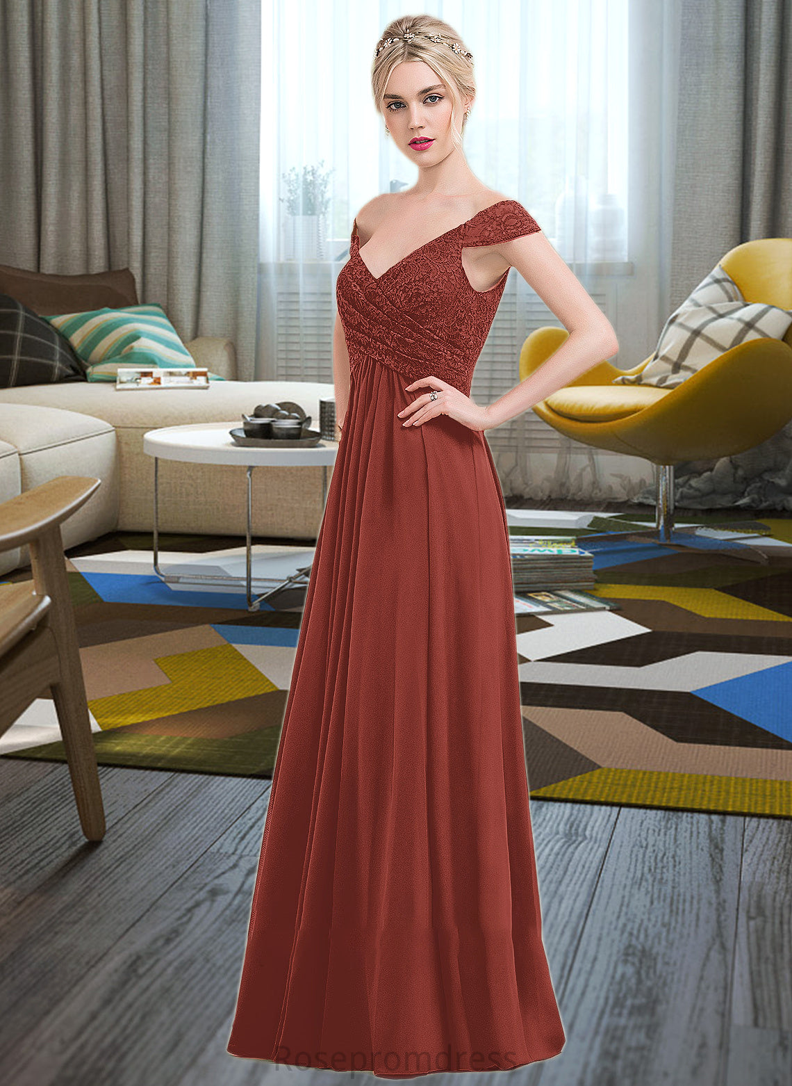 Isabell A-Line Off-the-Shoulder Floor-Length Chiffon Lace Bridesmaid Dress With Ruffle SRSP0013193