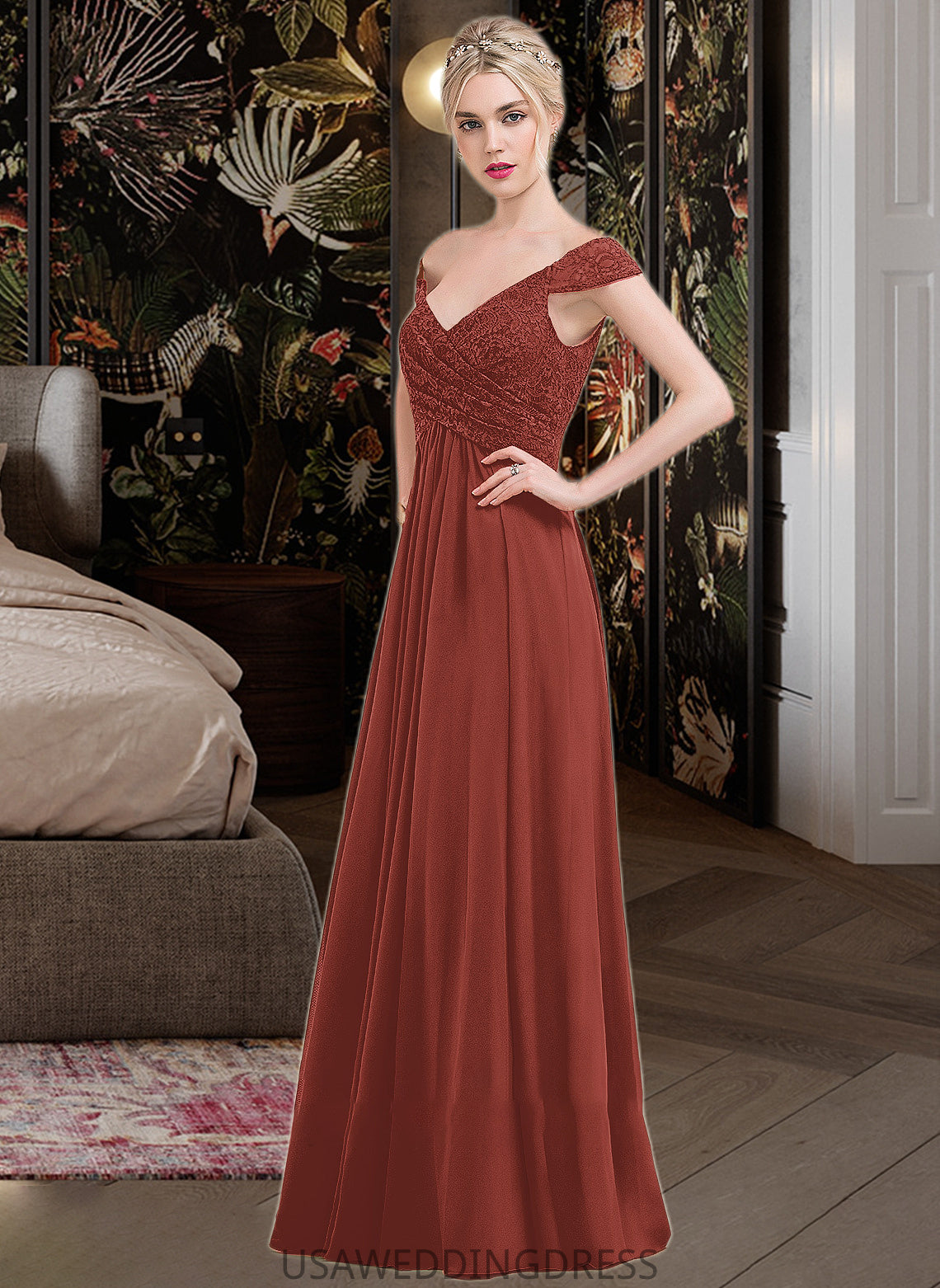 Emilee A-Line Off-the-Shoulder Floor-Length Chiffon Lace Bridesmaid Dress With Ruffle DSP0013193