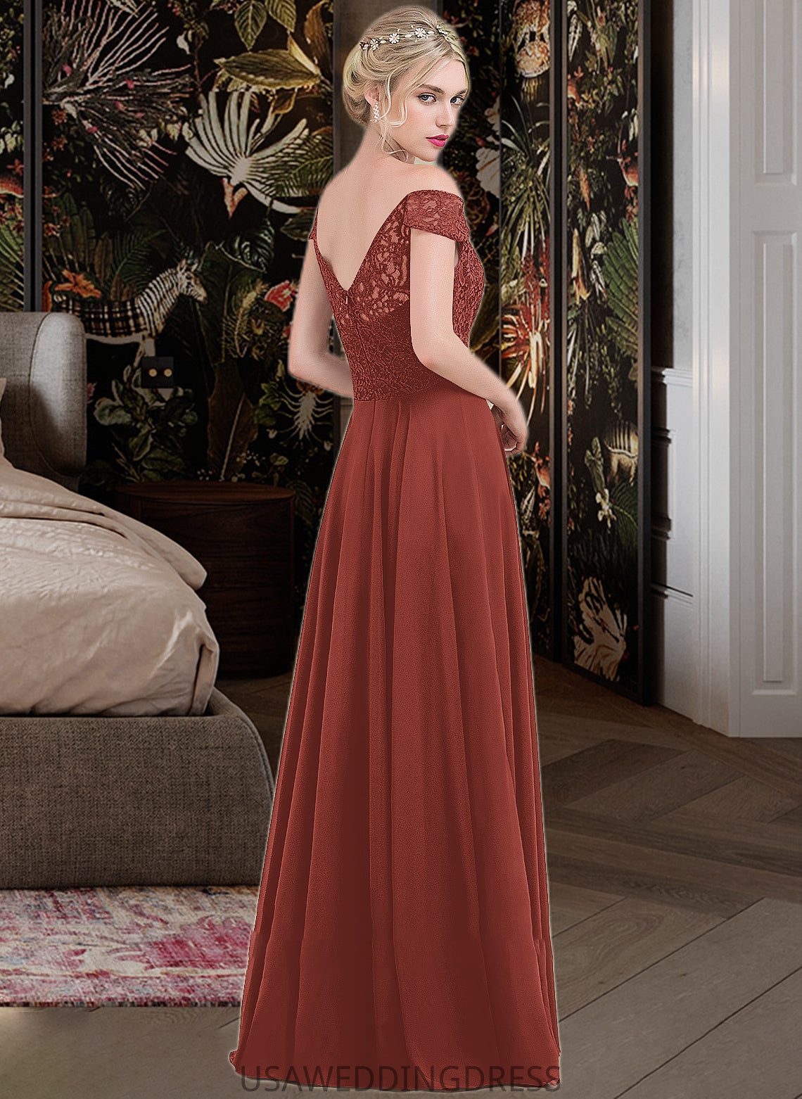 Emilee A-Line Off-the-Shoulder Floor-Length Chiffon Lace Bridesmaid Dress With Ruffle DSP0013193