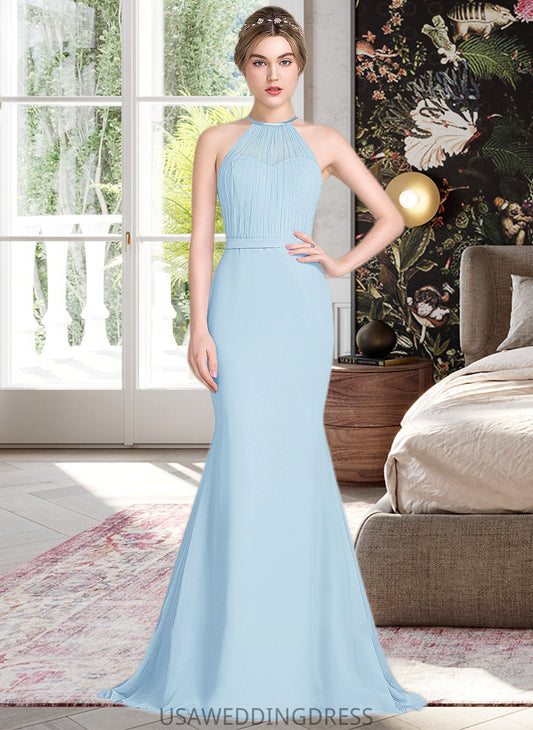 Lauren Trumpet/Mermaid Scoop Neck Sweep Train Chiffon Tulle Bridesmaid Dress With Ruffle DSP0013194