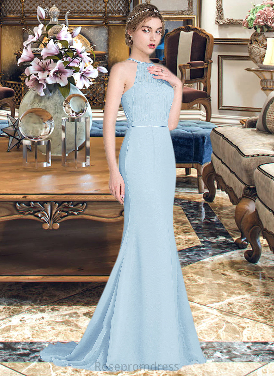 Valentina Trumpet/Mermaid Scoop Neck Sweep Train Chiffon Tulle Bridesmaid Dress With Ruffle SRSP0013194