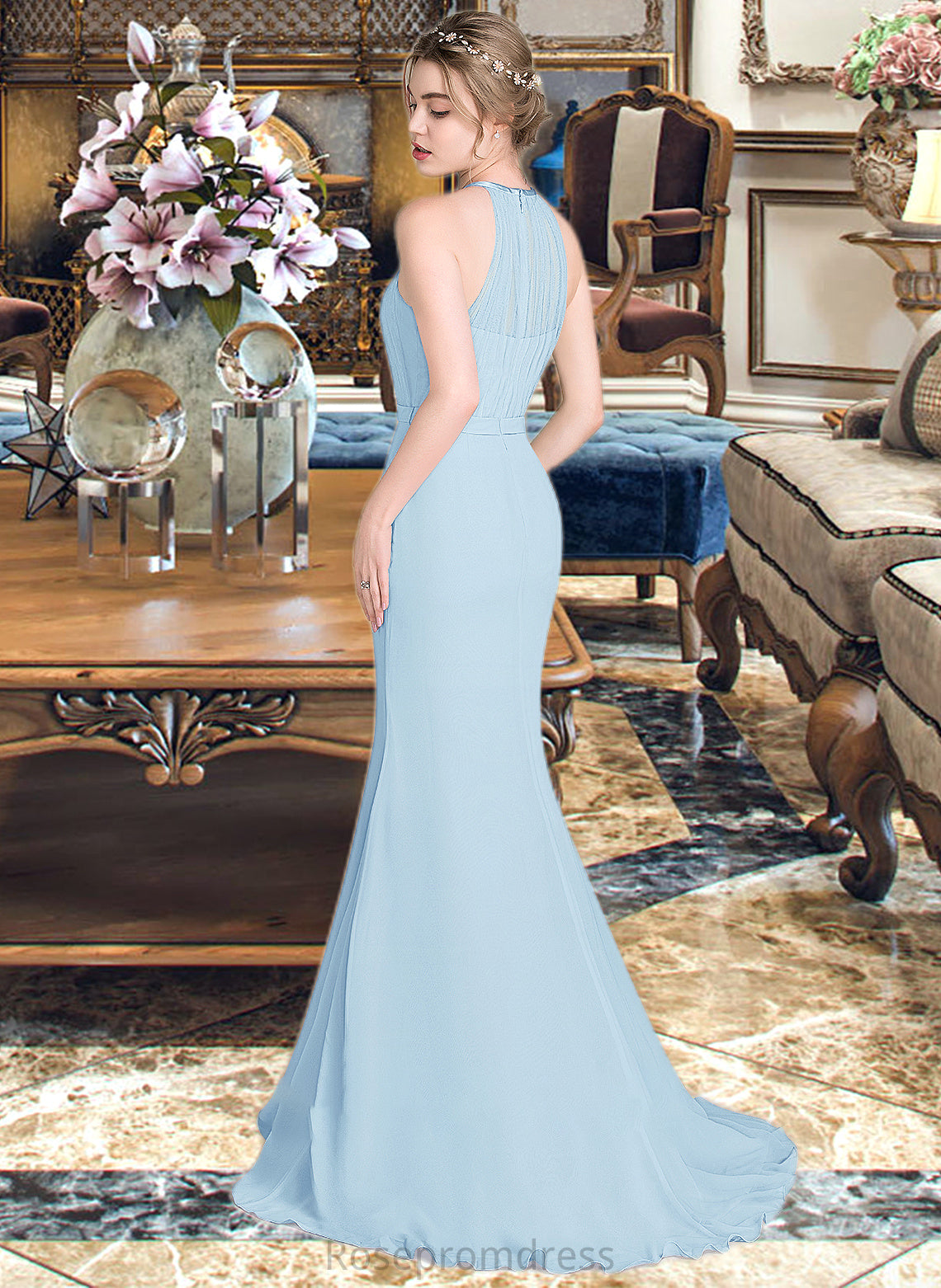 Valentina Trumpet/Mermaid Scoop Neck Sweep Train Chiffon Tulle Bridesmaid Dress With Ruffle SRSP0013194