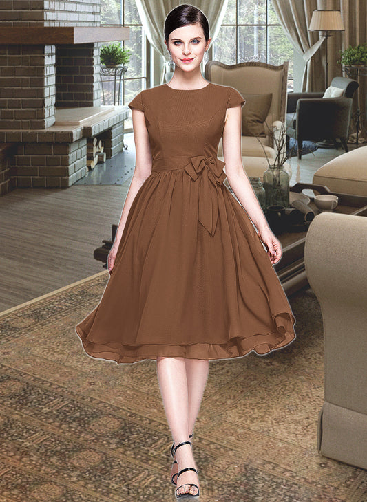 Karma Chiffon Knee-length Bridesmaid Dress with Cap Sleeves And Sashes SRSP0013195