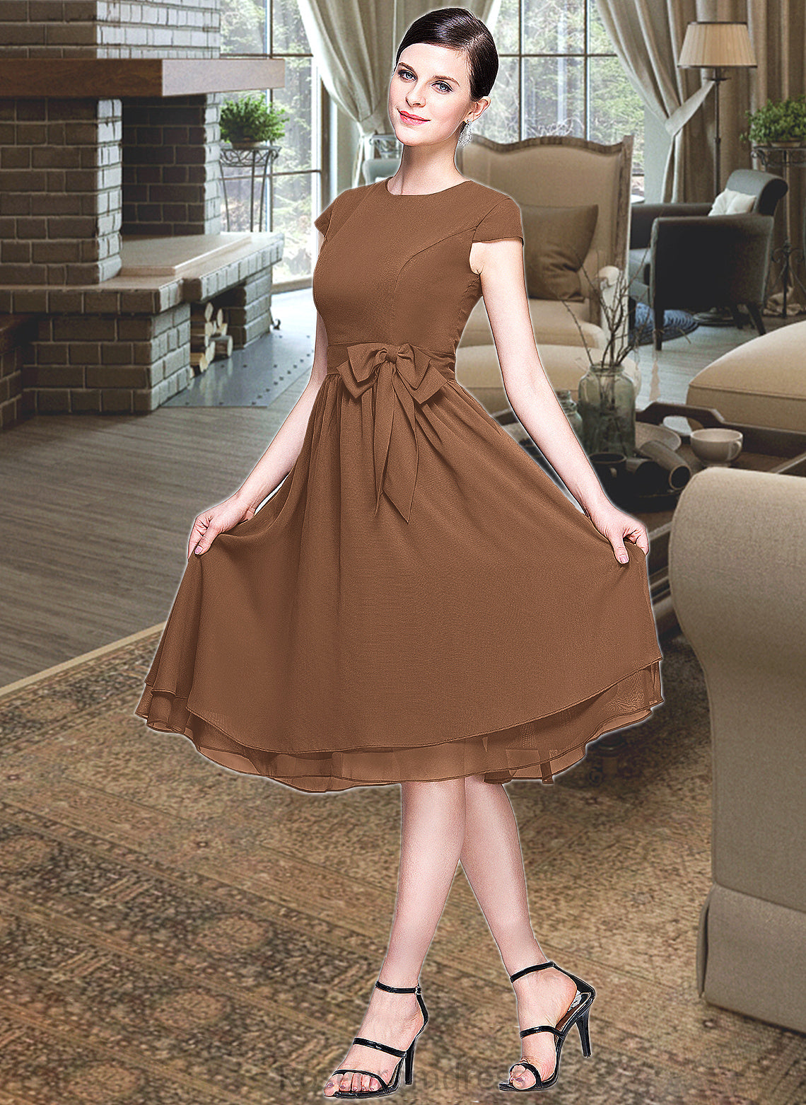 Karma Chiffon Knee-length Bridesmaid Dress with Cap Sleeves And Sashes SRSP0013195