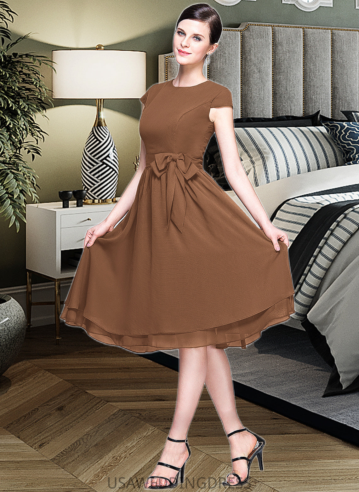 Kiersten Chiffon Knee-length Bridesmaid Dress with Cap Sleeves And Sashes DSP0013195