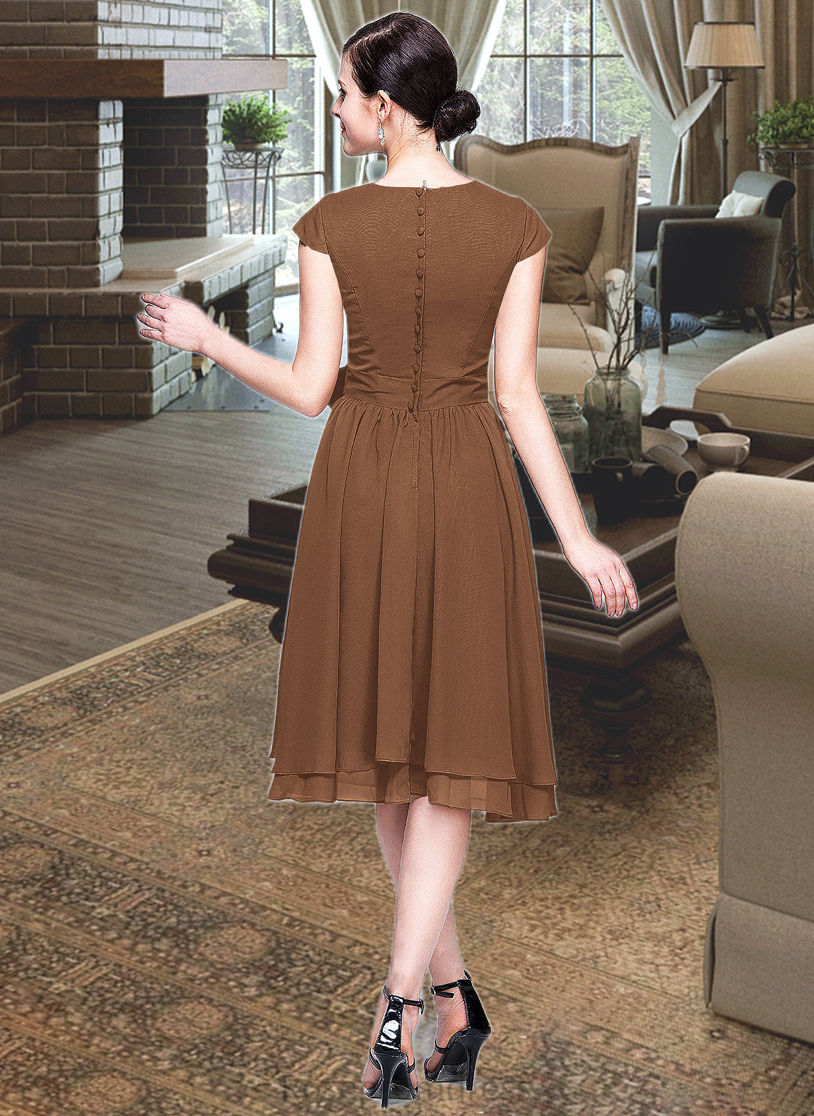 Karma Chiffon Knee-length Bridesmaid Dress with Cap Sleeves And Sashes SRSP0013195