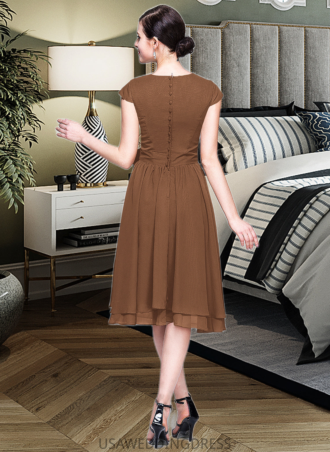 Kiersten Chiffon Knee-length Bridesmaid Dress with Cap Sleeves And Sashes DSP0013195