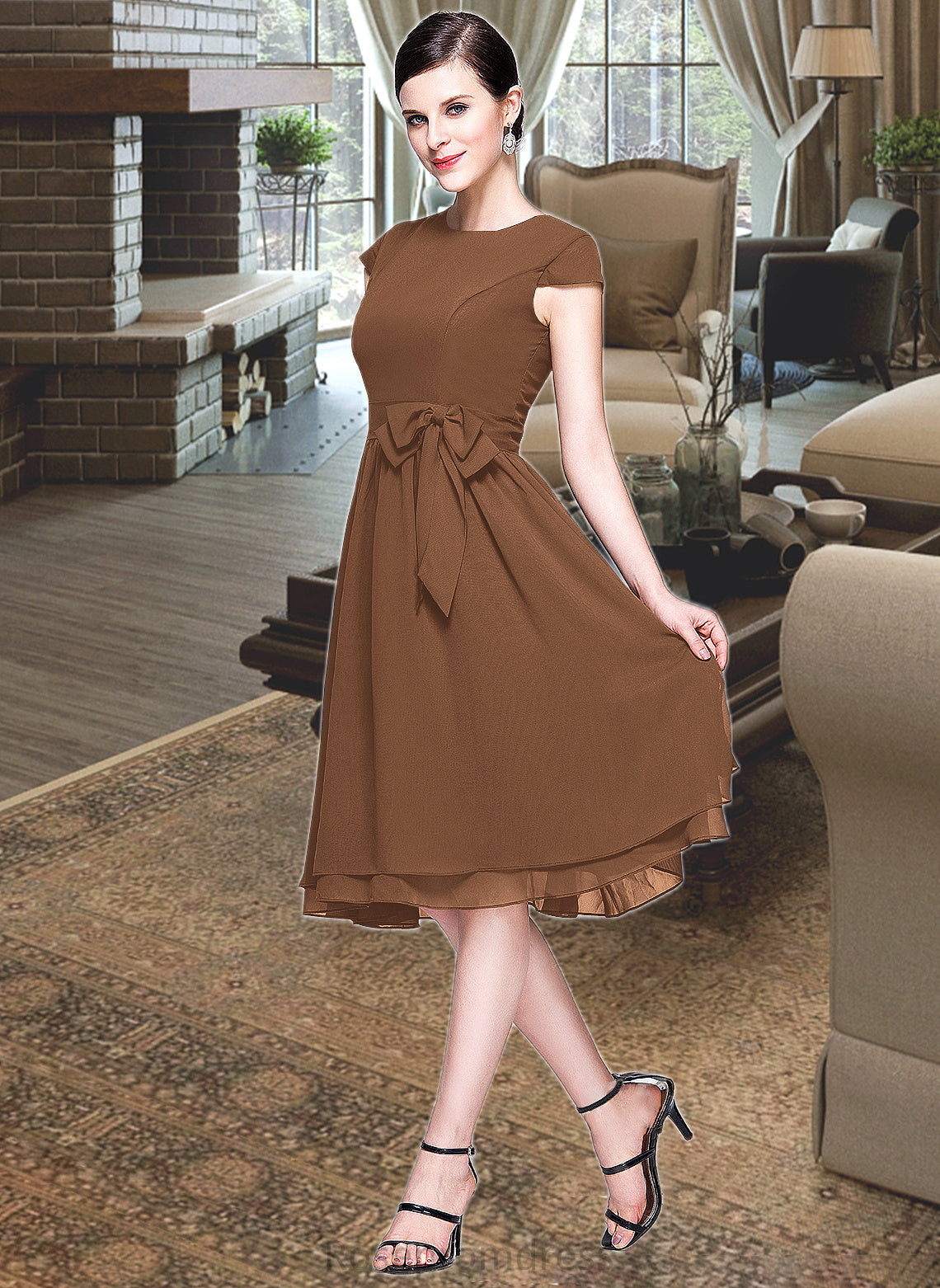 Karma Chiffon Knee-length Bridesmaid Dress with Cap Sleeves And Sashes SRSP0013195