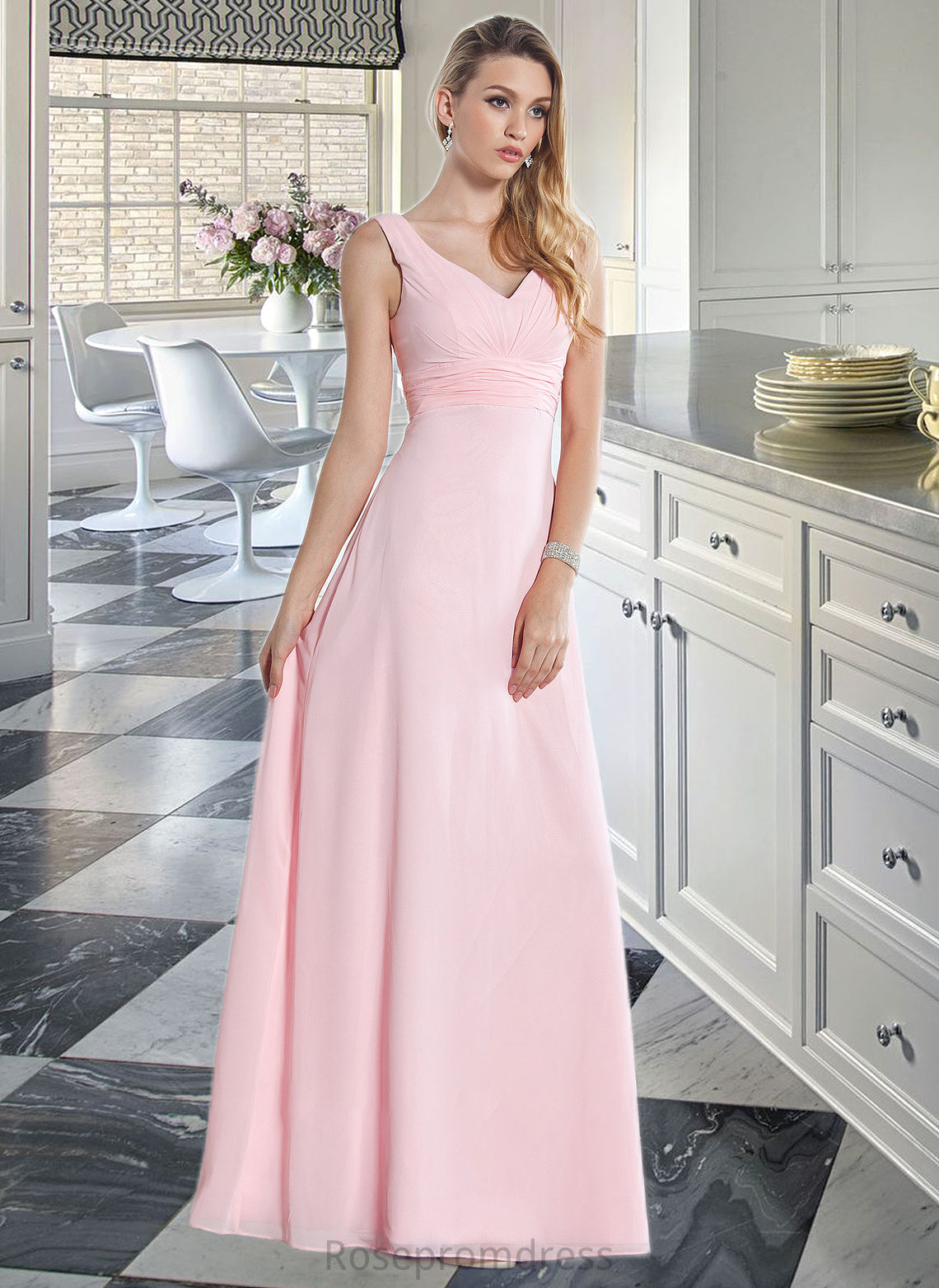 Bella Empire V-Neck Floor-Length Chiffon Bridesmaid Dress With Ruffle SRSP0013196
