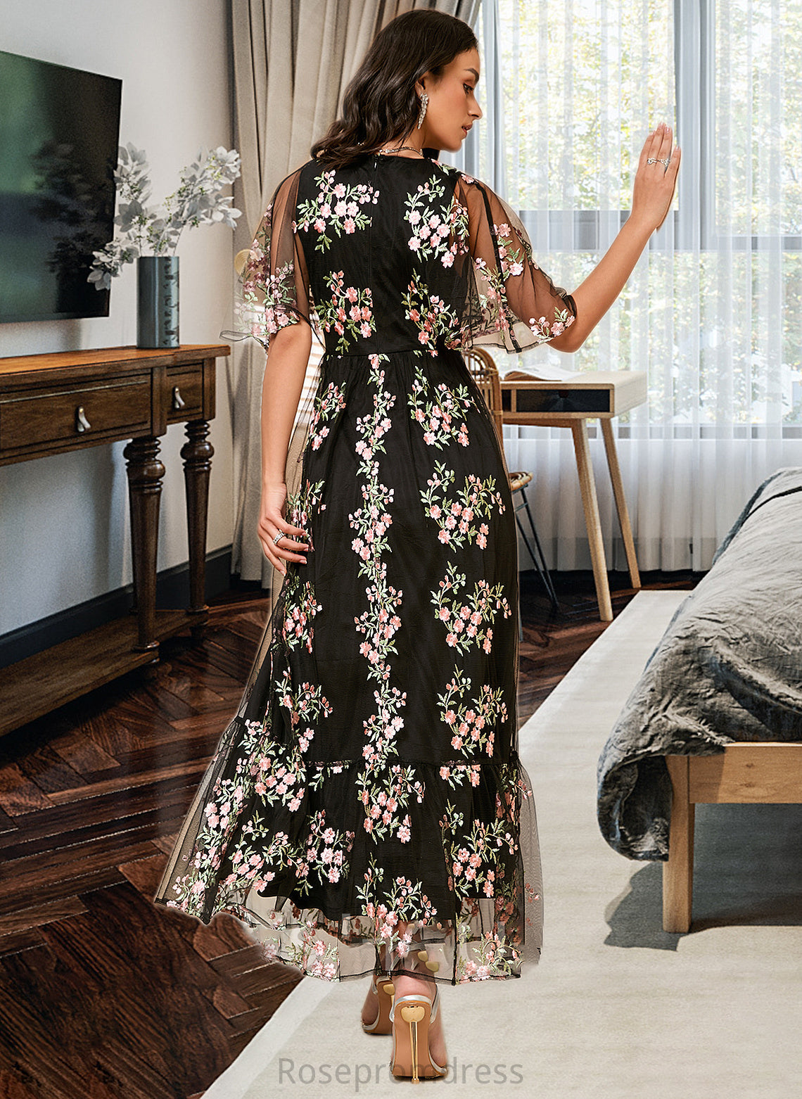 Logan A-Line V-neck Ankle-Length Bridesmaid Dress SRSP0013197