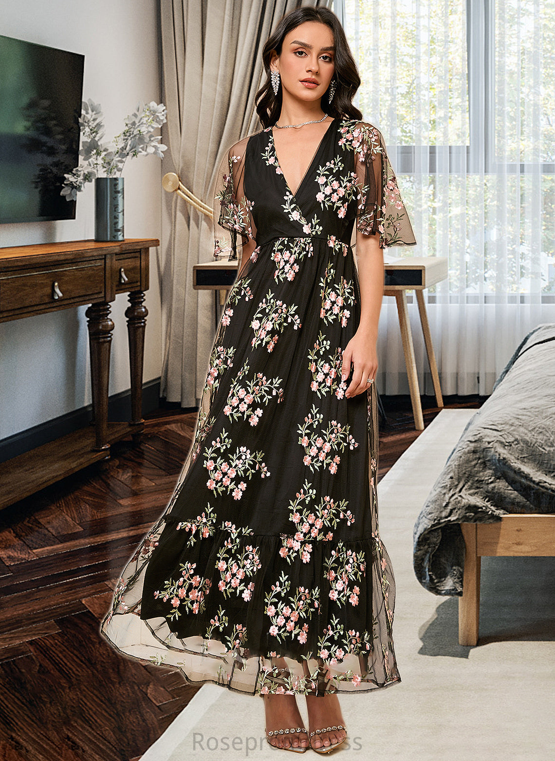 Logan A-Line V-neck Ankle-Length Bridesmaid Dress SRSP0013197