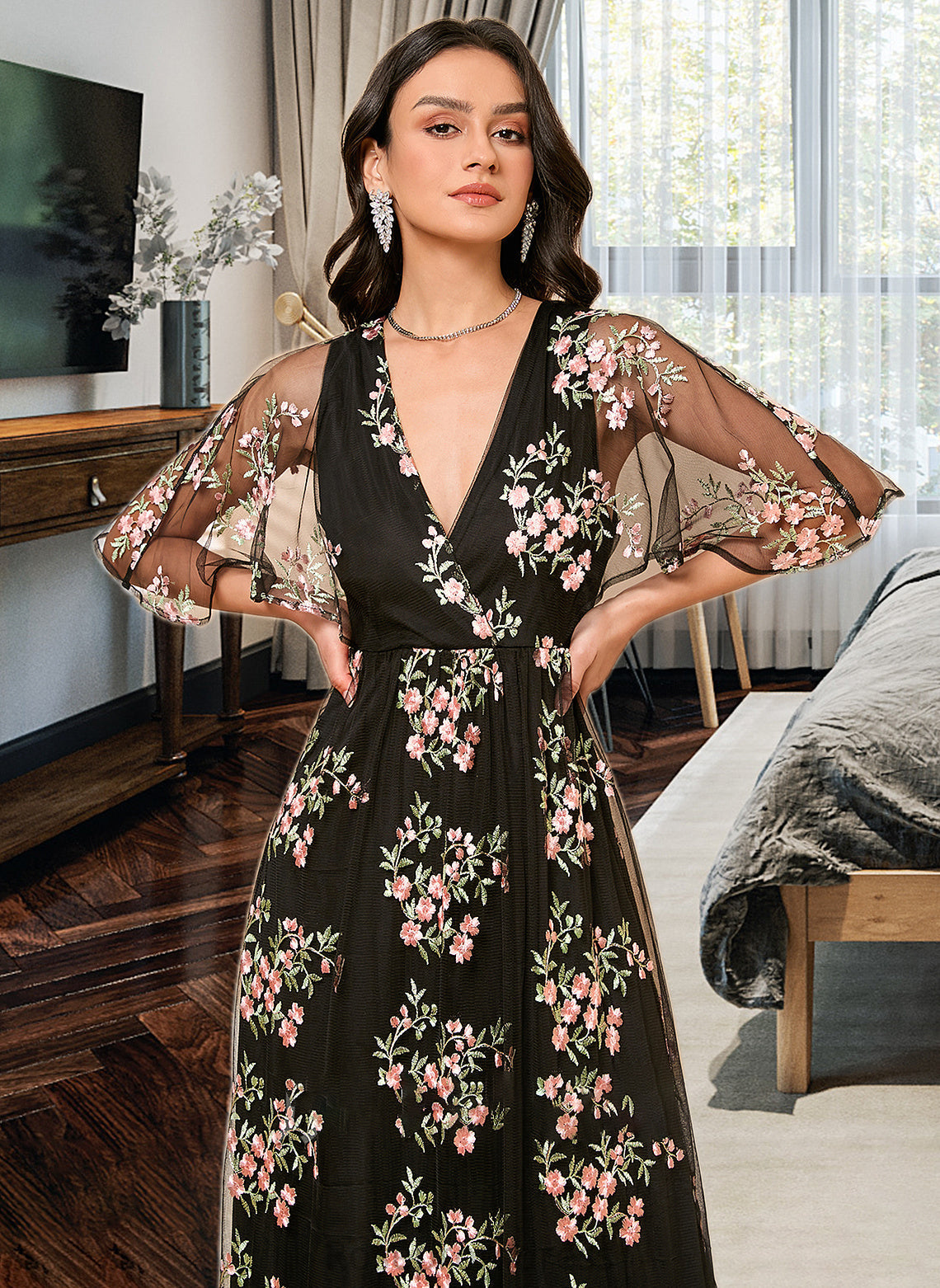 Logan A-Line V-neck Ankle-Length Bridesmaid Dress SRSP0013197