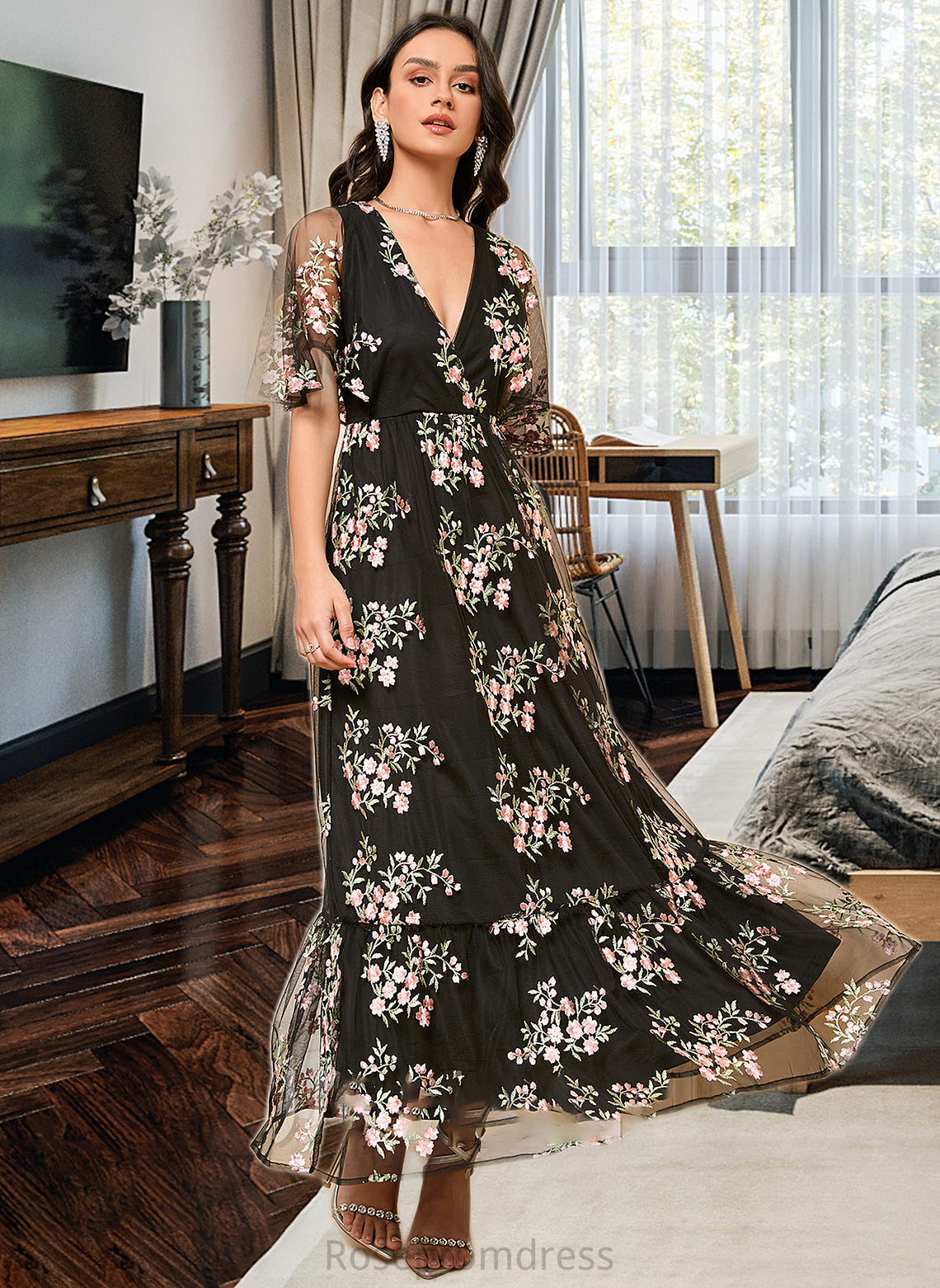 Logan A-Line V-neck Ankle-Length Bridesmaid Dress SRSP0013197