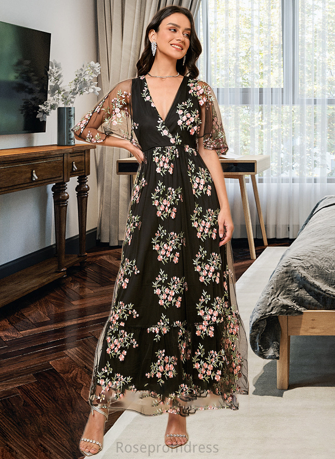 Logan A-Line V-neck Ankle-Length Bridesmaid Dress SRSP0013197