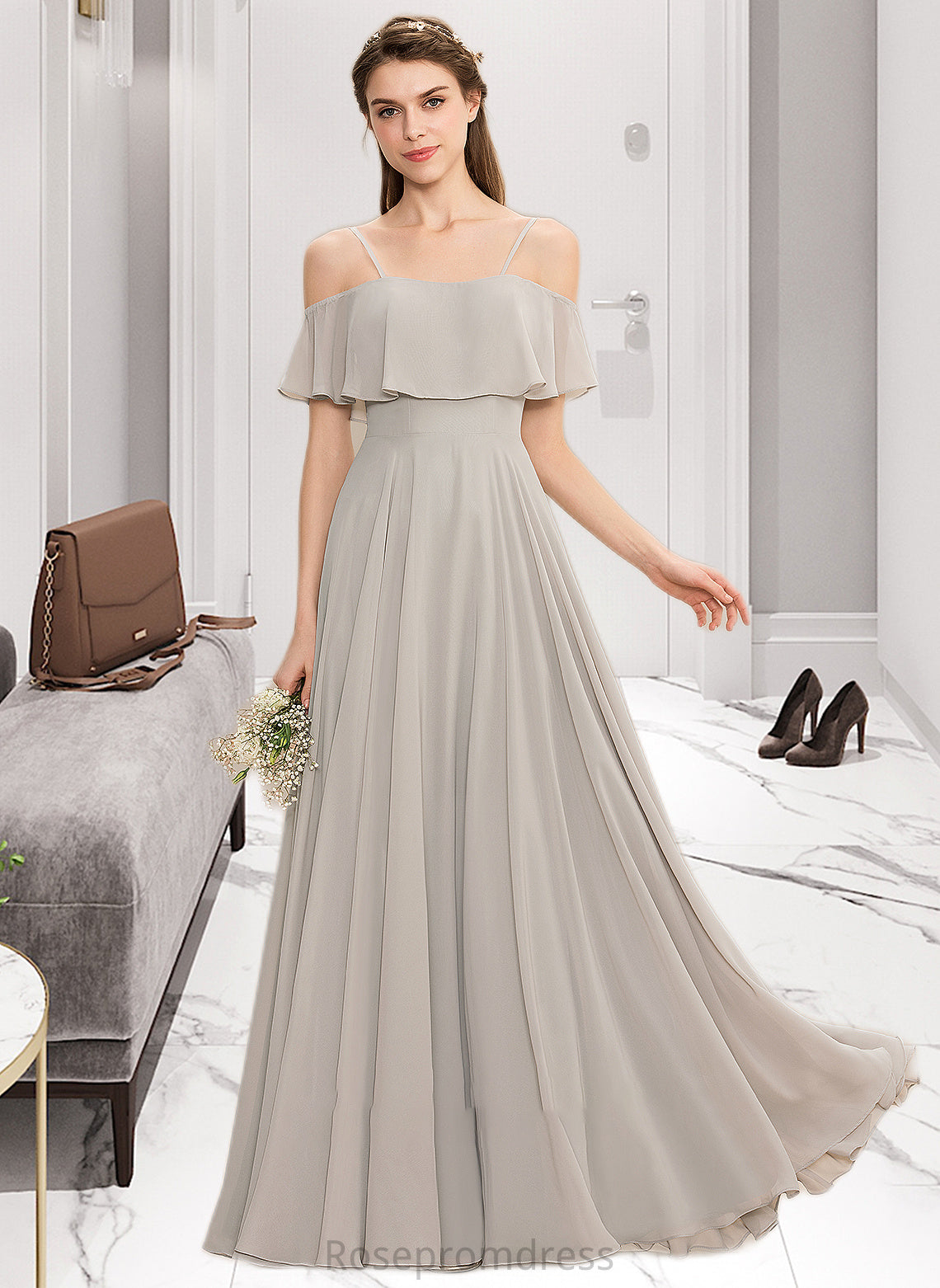 Brynn A-Line Off-the-Shoulder Floor-Length Chiffon Bridesmaid Dress SRSP0013202