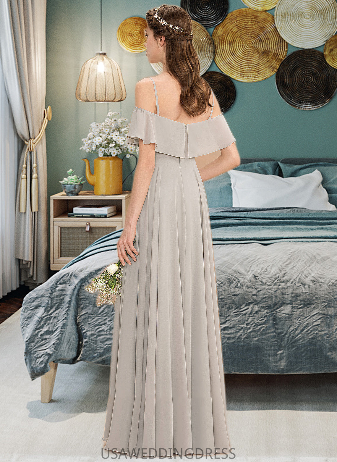 Elva A-Line Off-the-Shoulder Floor-Length Chiffon Bridesmaid Dress DSP0013202
