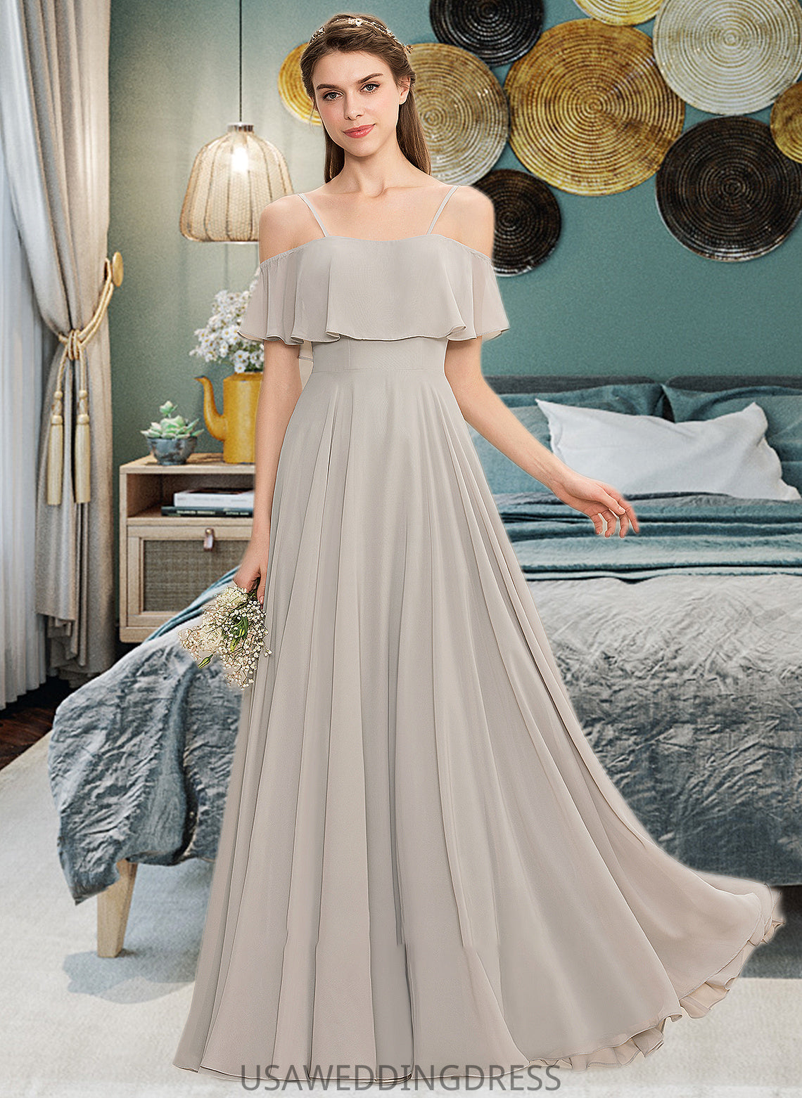 Elva A-Line Off-the-Shoulder Floor-Length Chiffon Bridesmaid Dress DSP0013202